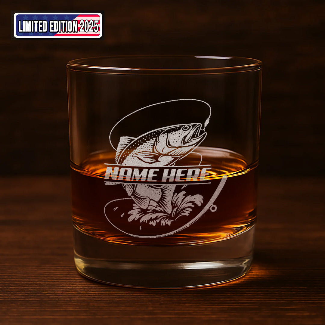 Custom Name Trout Fishing Whiskey Glass – Personalized Engraved Fly Fisherman Gift