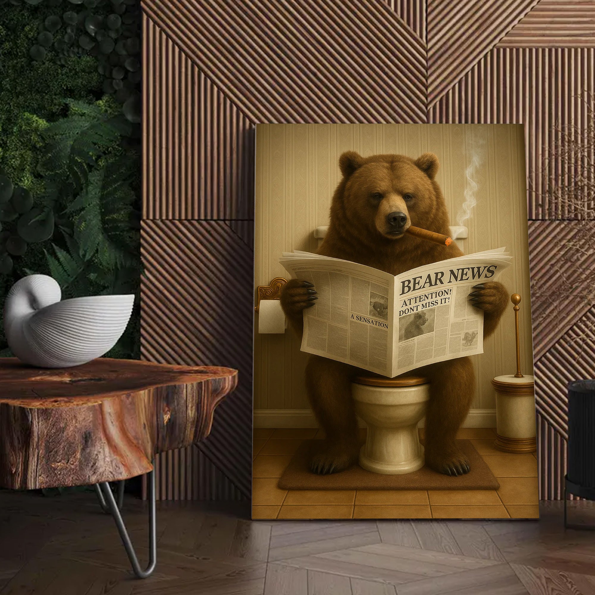 Grizzly Bear Bathroom Canvas – Funny Cabin Decor with Bear Hunting on Toilet Reading Newspaper - Gift for Outdoorsmen