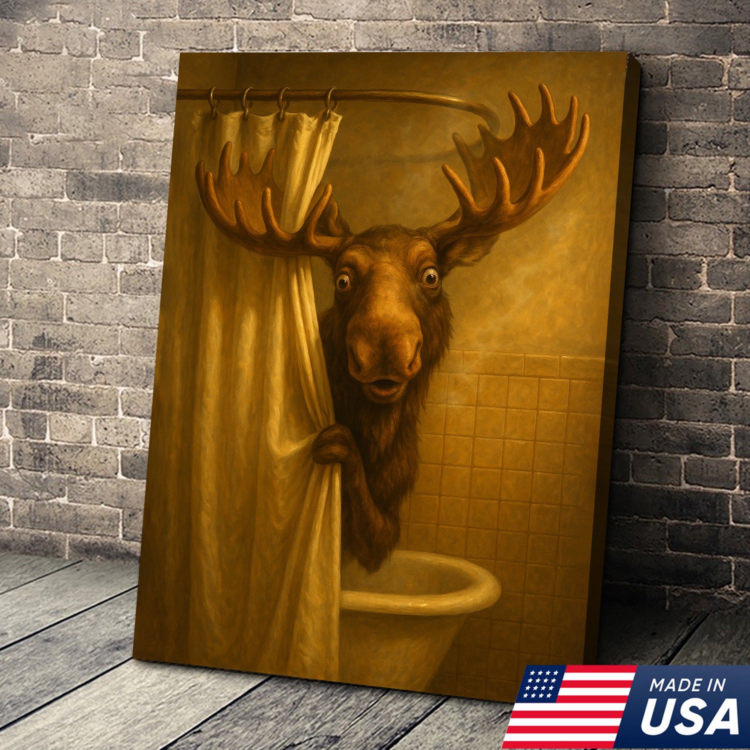 Funny Moose Bathroom Canvas Wall Art – Rustic Lodge Cabin Decor for Bathroom, Man Cave & Rustic Homes