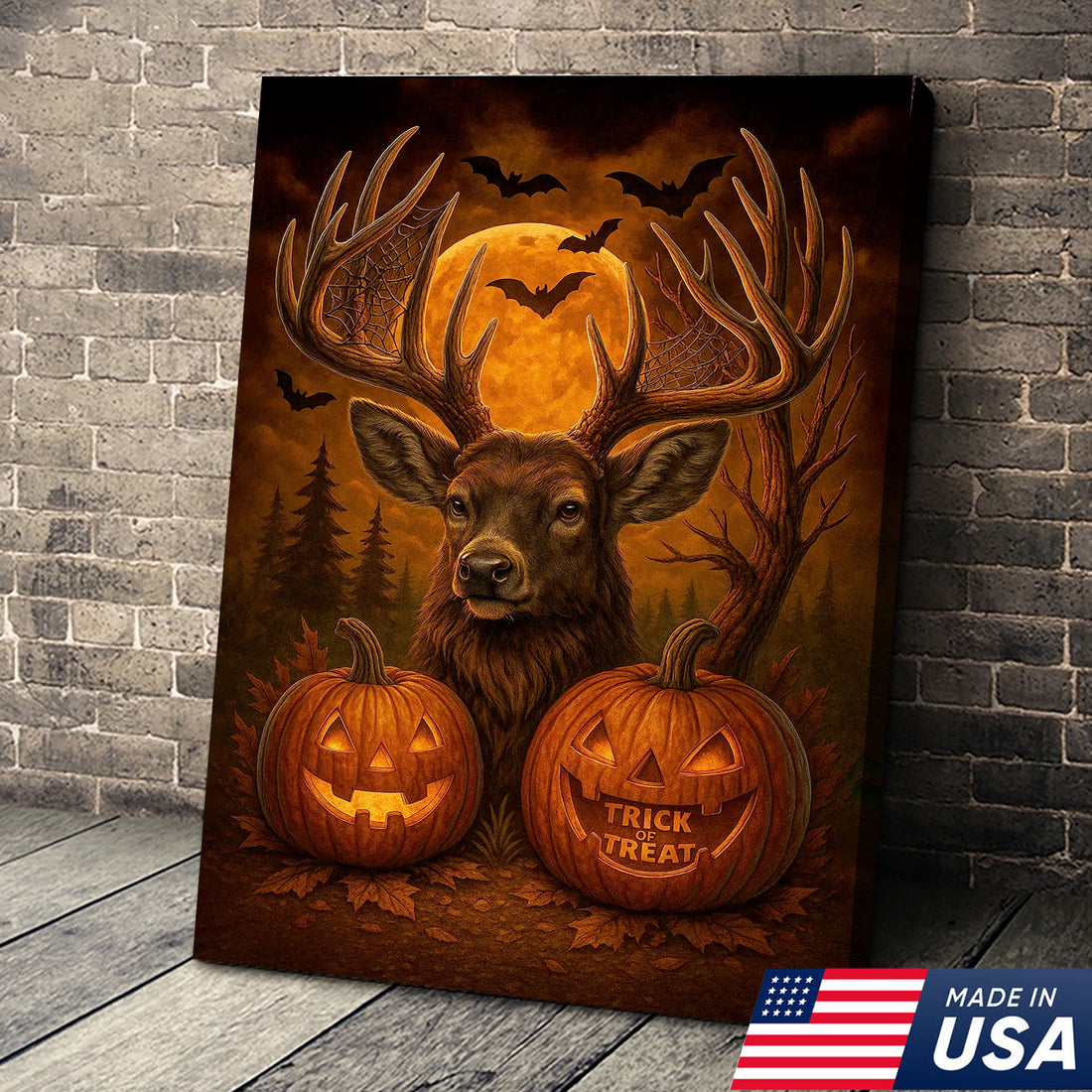 Trophy Buck Halloween Canvas Wall Art – Spooky Deer with Pumpkins and Full Moon Decor