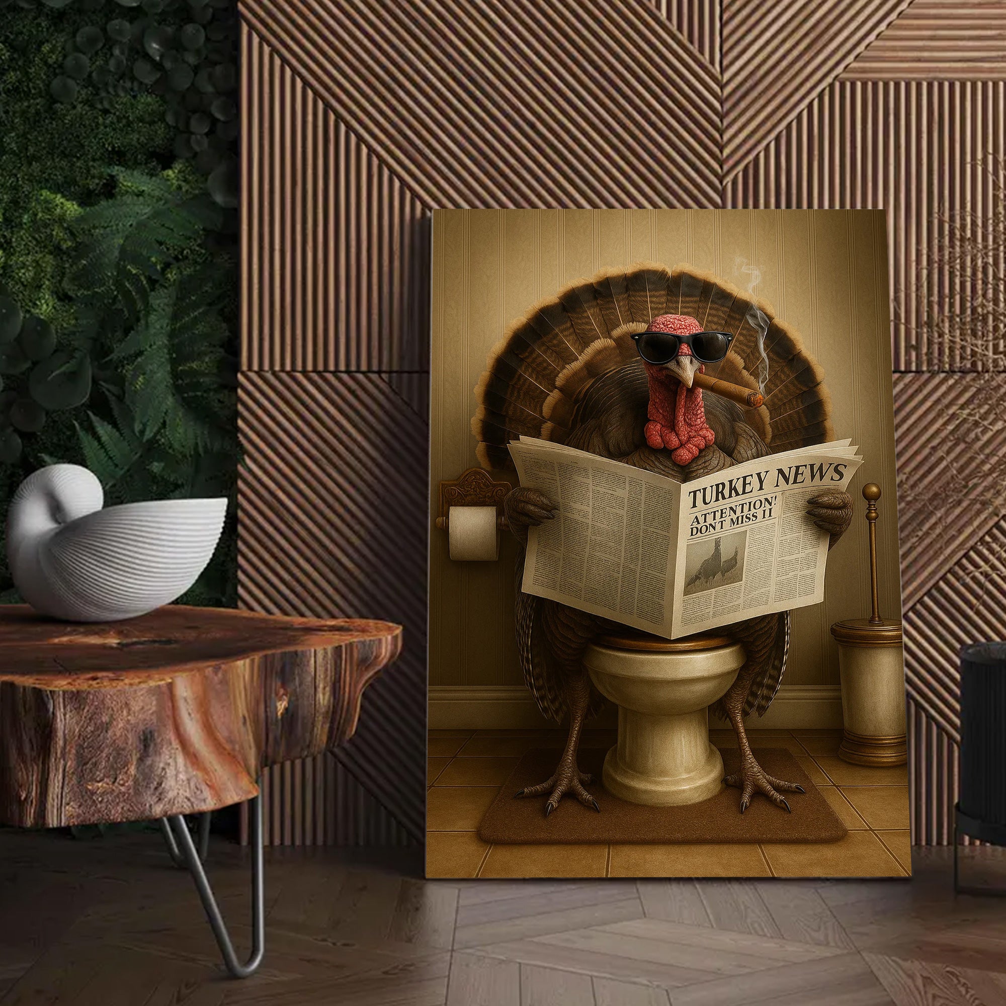 Turkey Reading News Smoking Bathroom Wall Art – Rustic Decor for Men, Hilarious Gift for Men, Hunter