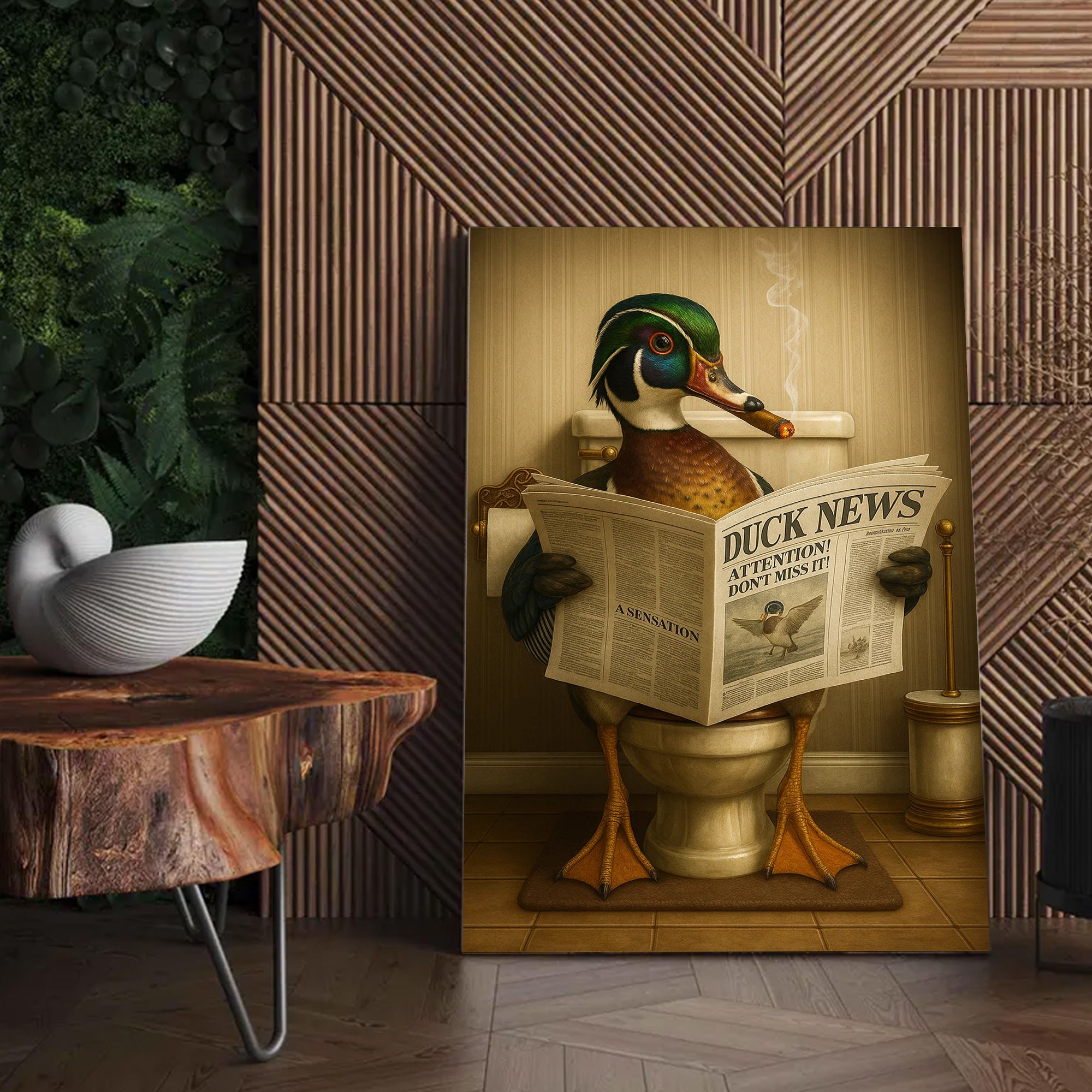 Funny Wood Duck Read Newspaper Bathroom Canvas – Hunting Wildlife Animal Poster - Unique Gift for Dad, Hunters