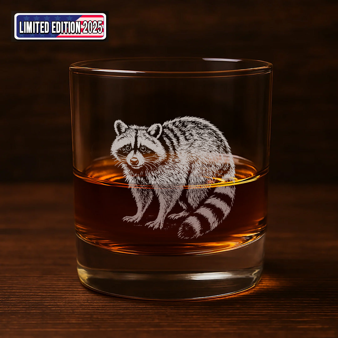 Wildlife Raccoon Engraved Whiskey Glass – Custom Rocks Glass Gift for Hunters & Wildlife Lovers