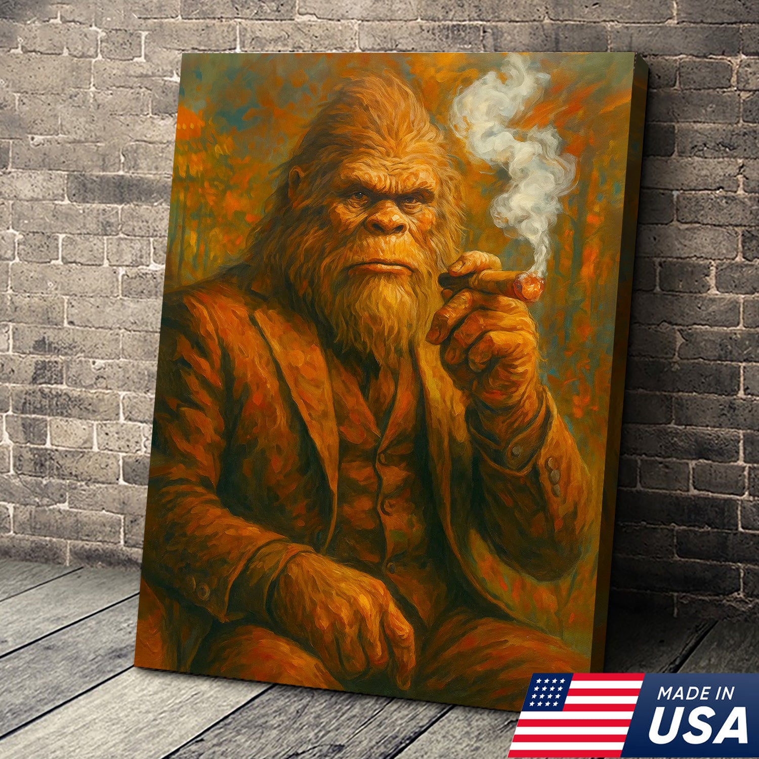 Bigfoot Smoking Canvas, Sasquatch Wall Art Print for Man Cave, Rustic Cabin & Smoking Lounge