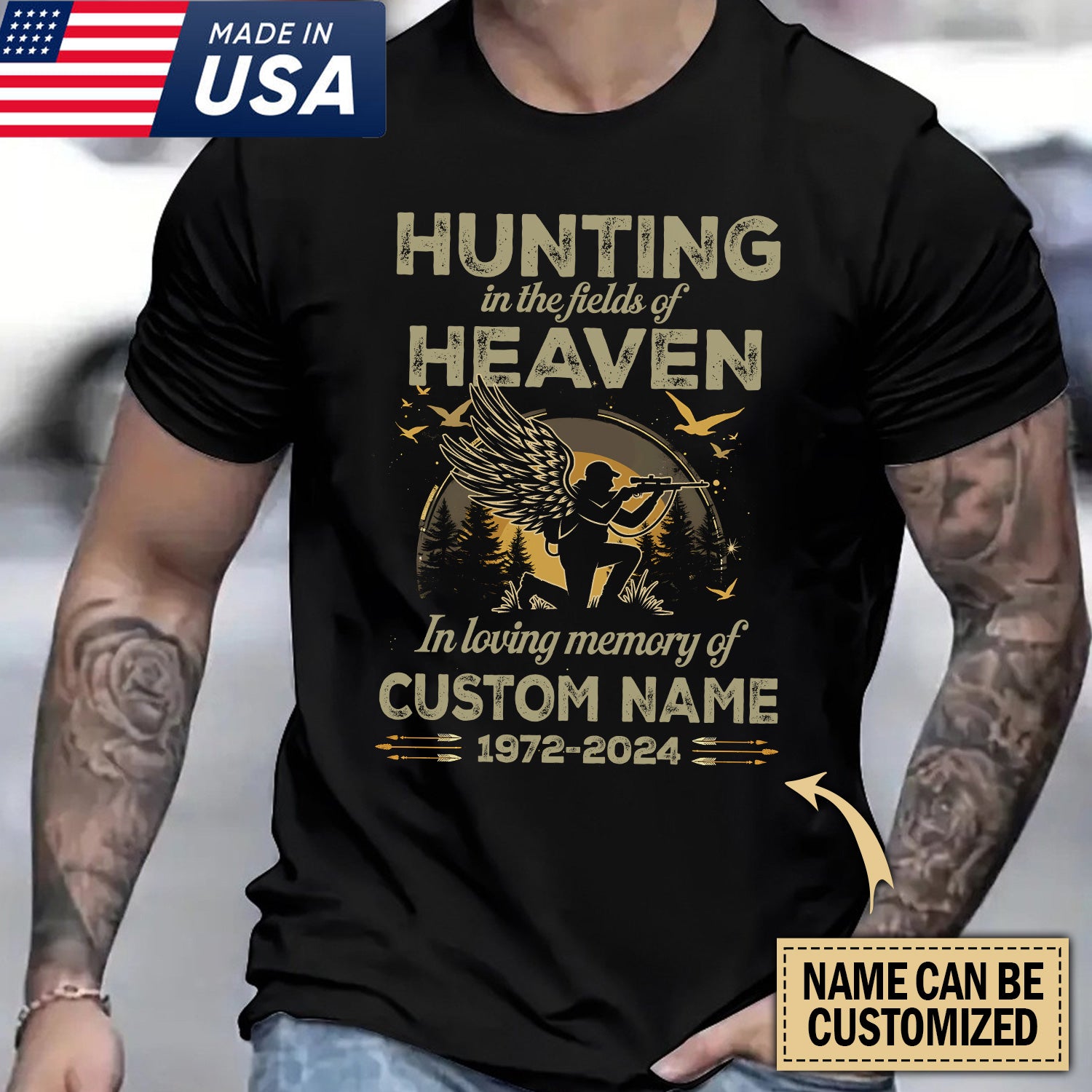 Personalized Hunting In The Fields Of Heaven Memorial T-Shirt – In Loving Memory Gift