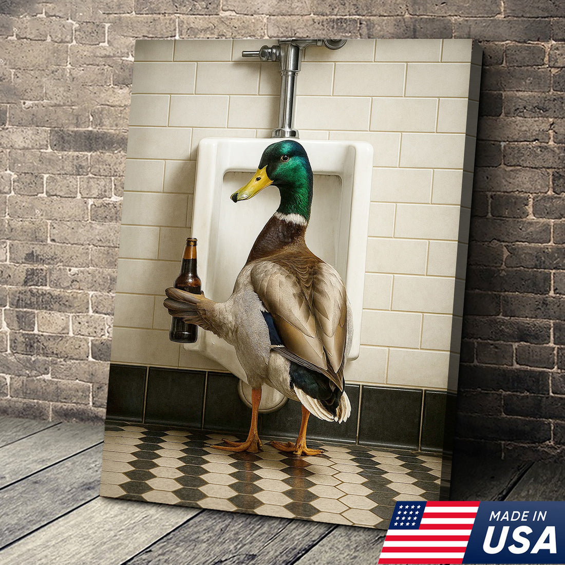 Funny Mallard Duck Holding Beer Bathroom Canvas – Duck at Urinal Wall Art, Rustic Cabin & Man Cave Decor