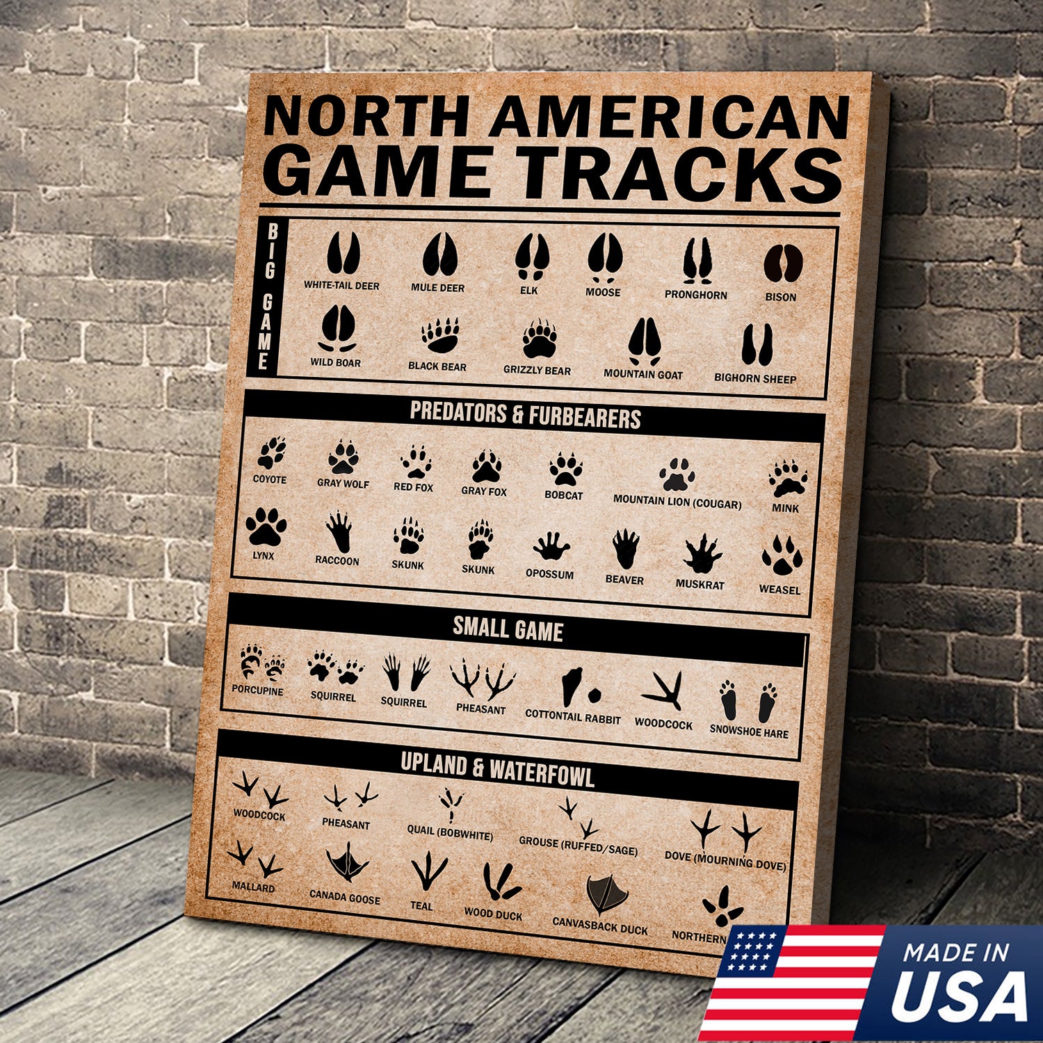 North American Game Tracks Canvas, Hunting Lodge Wall Art, Rustic Cabin Canvas Decor