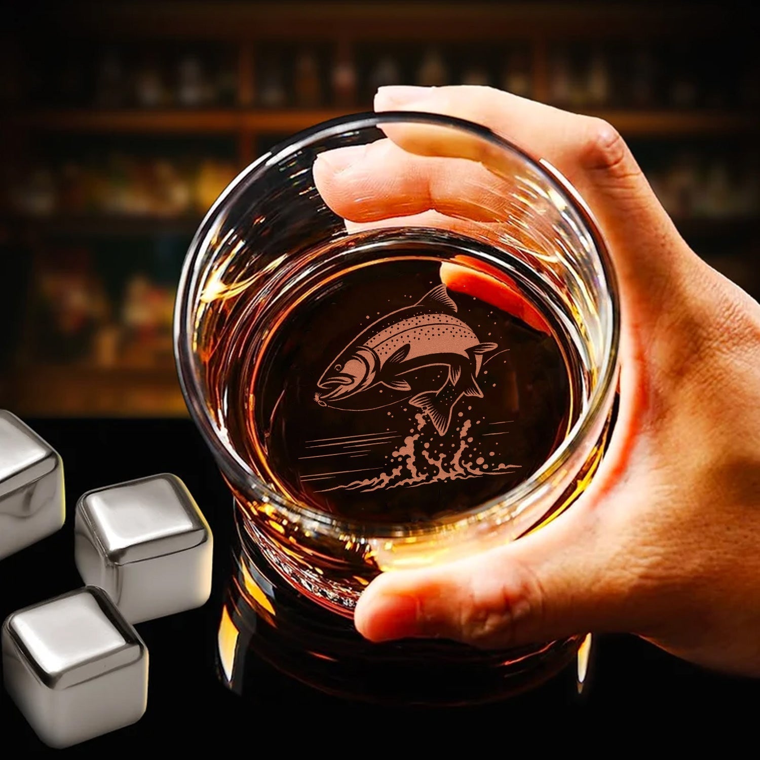 Fishing Engraved Whiskey Glass – Fish Design - Unique Gift for Fishermen & Outdoor Lovers