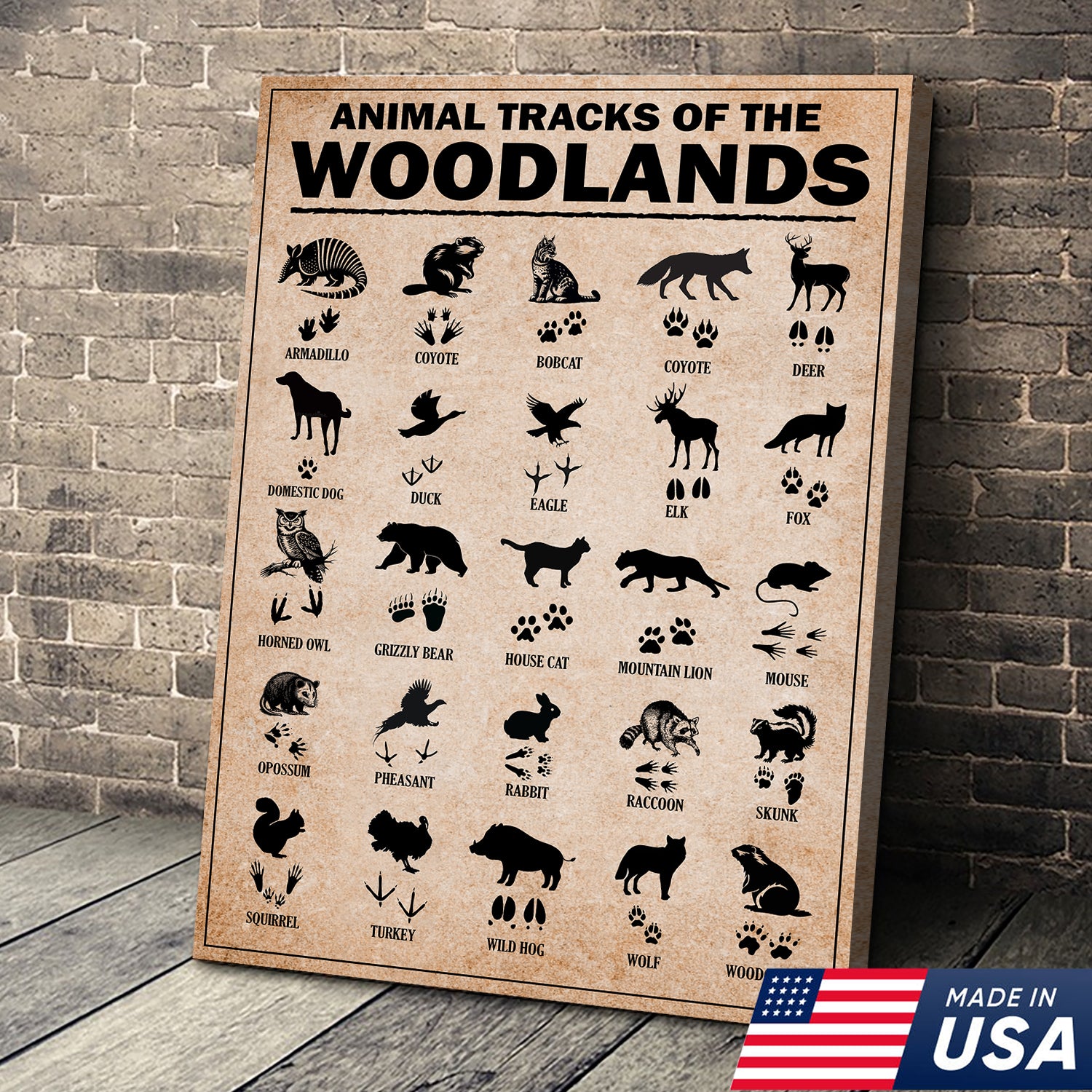 Animal Tracks of the Woodlands Canvas Wall Art, Wildlife Footprint Chart, Rustic Hunting Cabin & Educational Decor