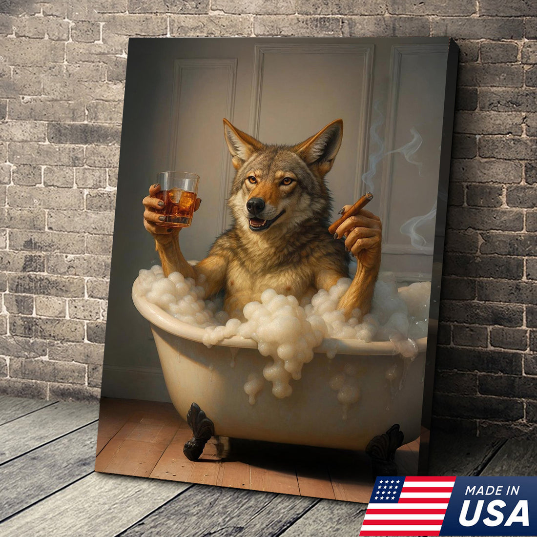 Wolf Coyote Chilling in Bubble Bath Canvas Wall Art – Whimsical Bathroom Decor, Rustic Farmhouse & Cabin Print