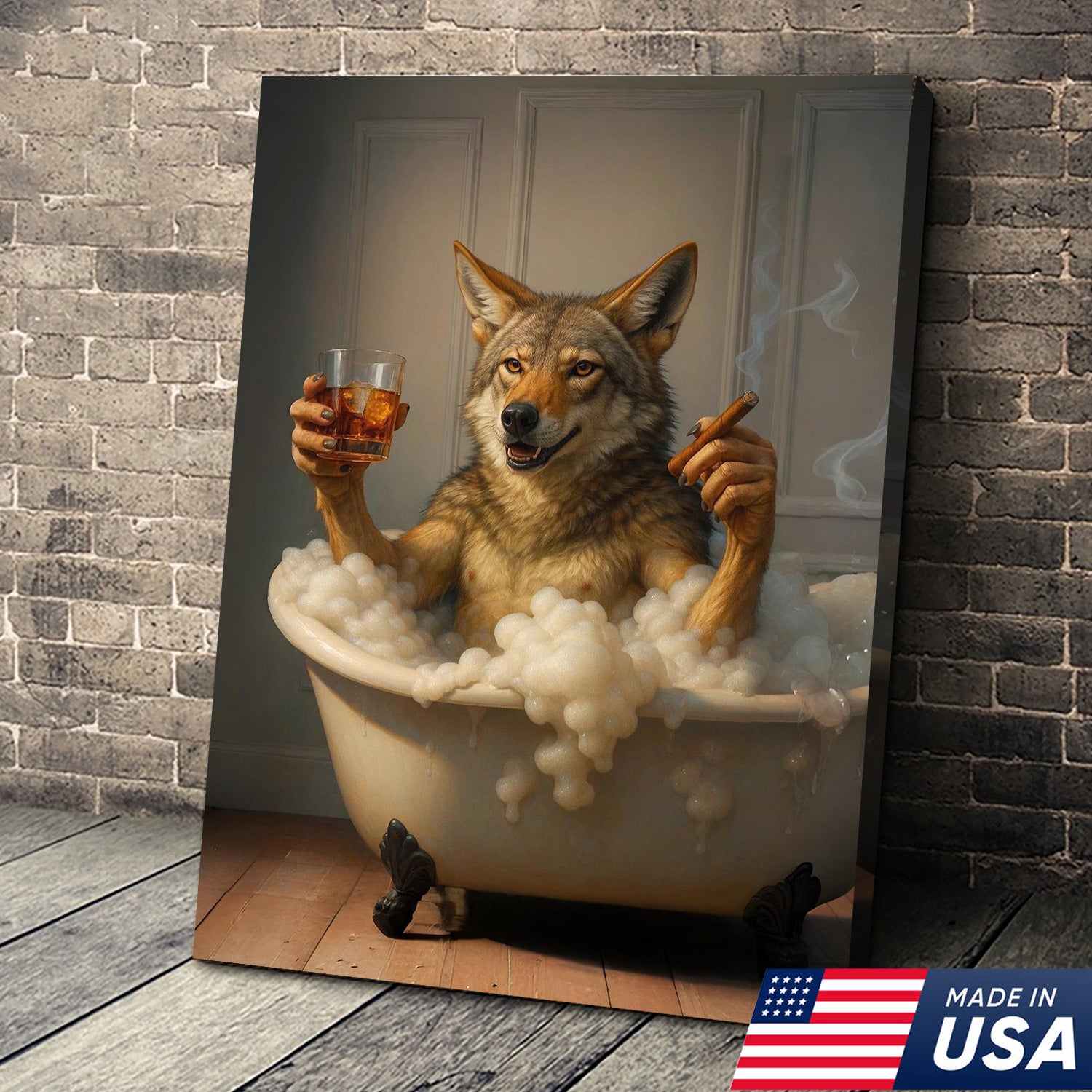 Wolf Coyote Chilling in Bubble Bath Canvas Wall Art – Whimsical Bathroom Decor, Rustic Farmhouse & Cabin Print