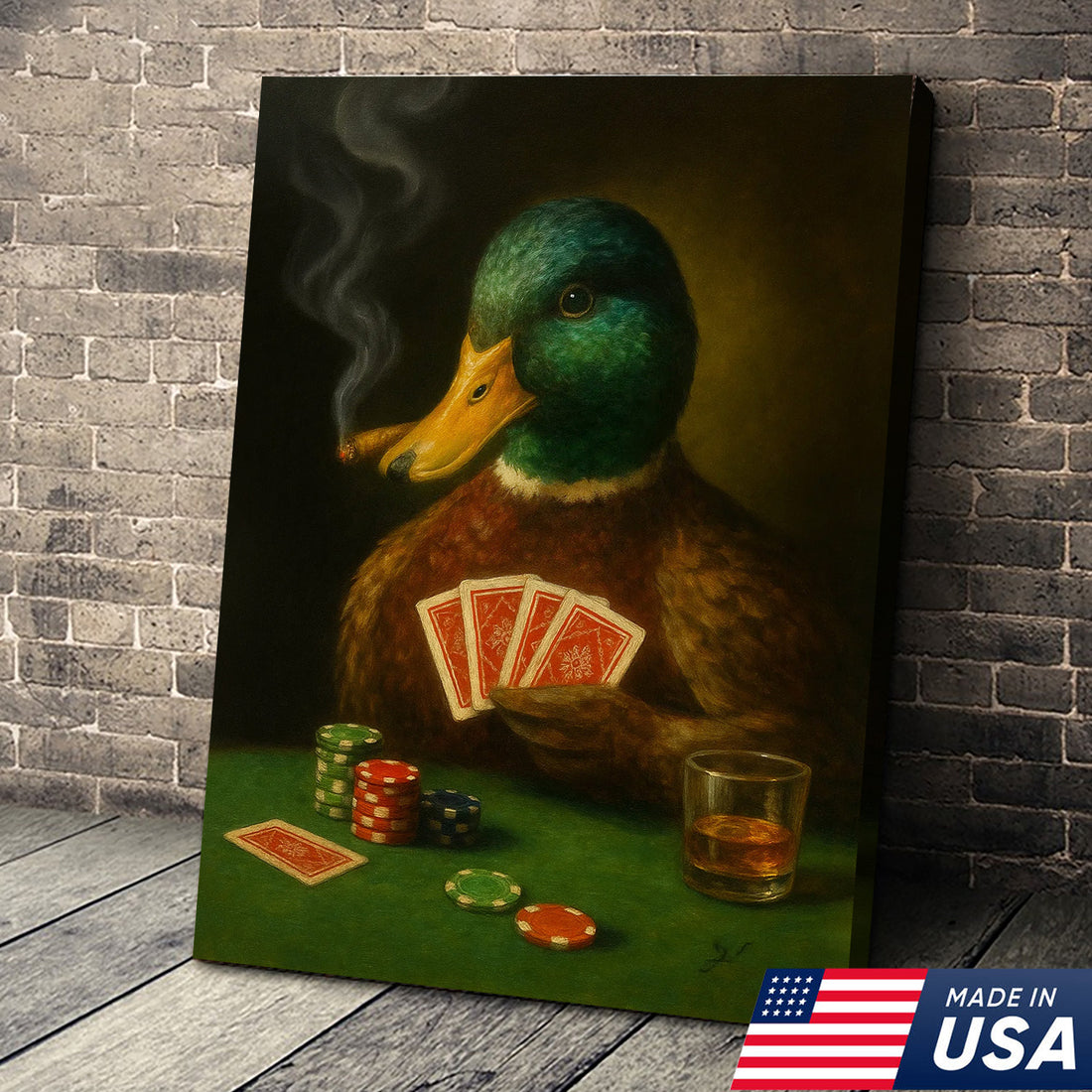 Funny Mallard Duck Canvas Wall Art, Rustic Poker Animal Portrait Playing Cards, Vintage Anthropomorphic Print for Man Cave Decor