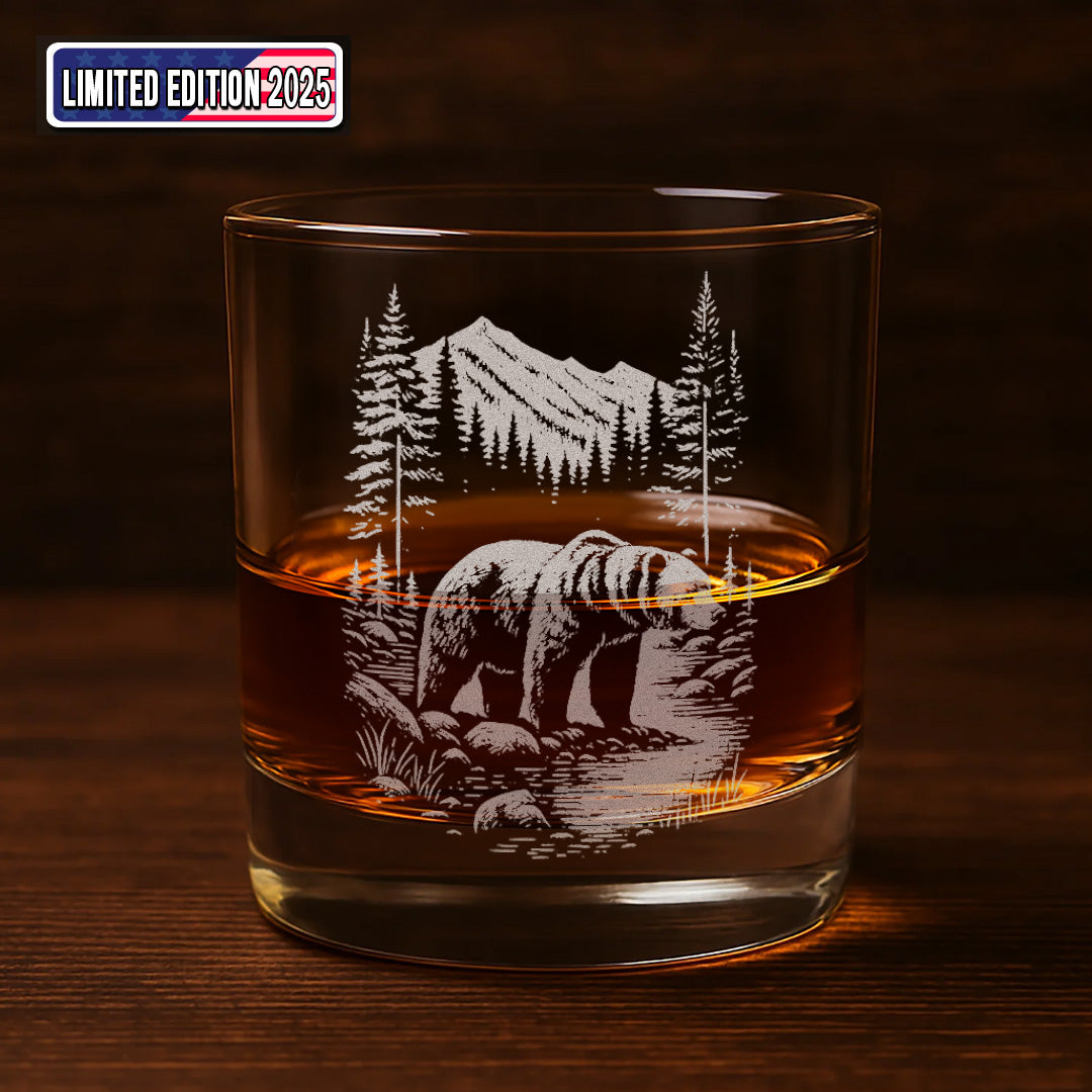 Bear Forest Engraved Whiskey Glass, Rustic Barware Gift for Hunters, Outdoorsmen & Whiskey Lovers