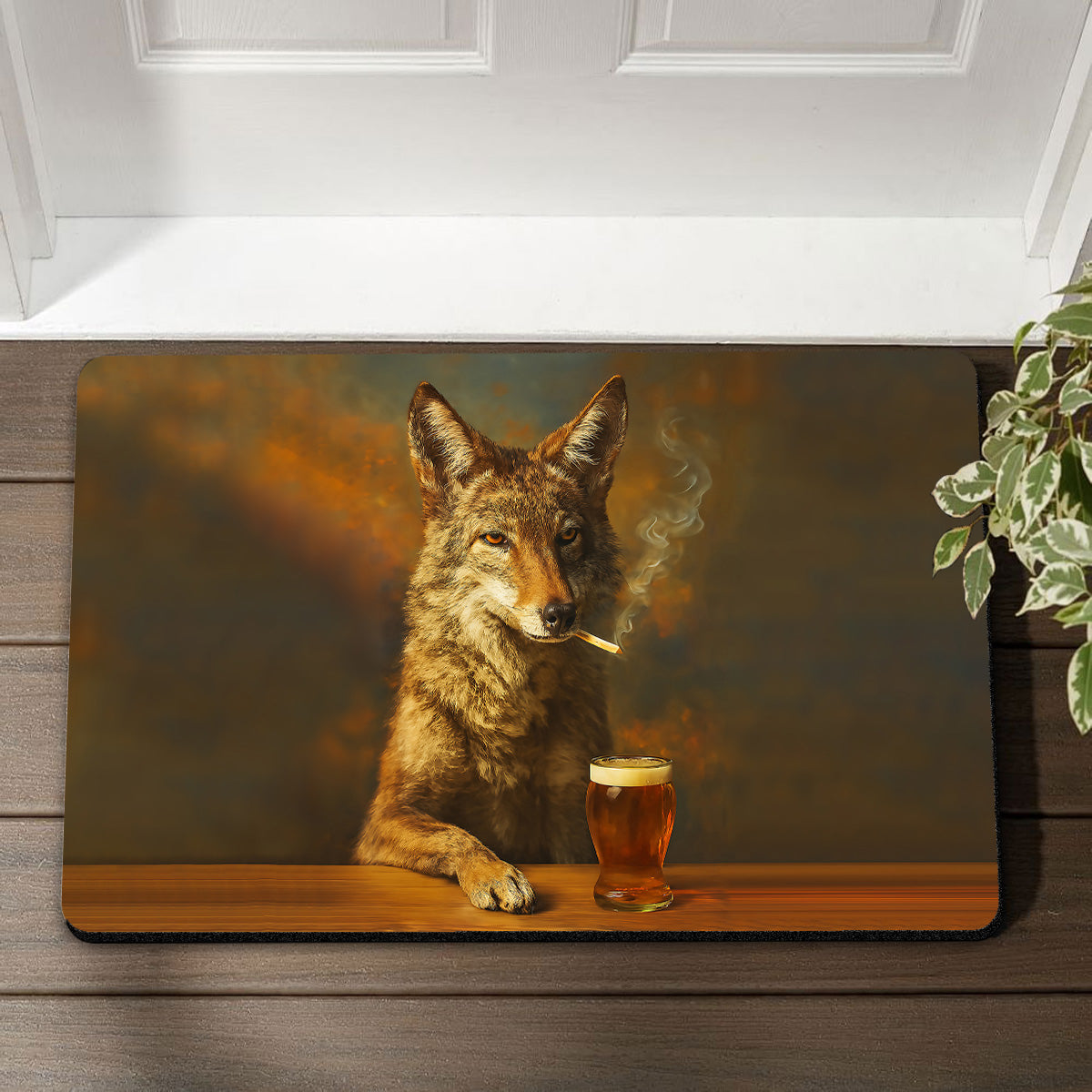 Wolf Smoking & Bar Glassware Doormat – Funny Animal Floor Mat for Hunters, Bars & Man Cave Decor