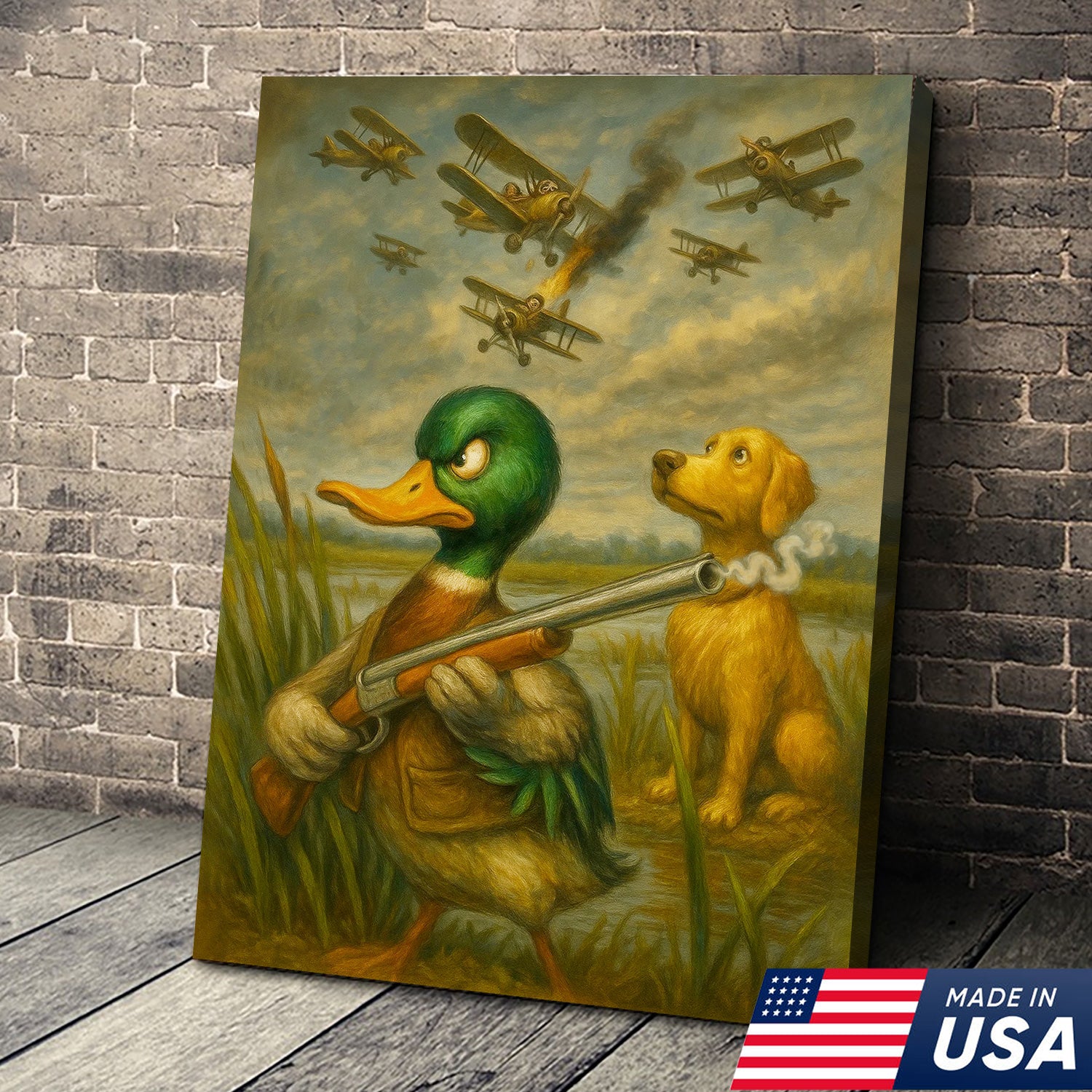 Funny Duck with Shotgun Canvas Wall Art – Hunting Dog & Airplane Battle Rustic Decor, Man Cave Lodge Gift