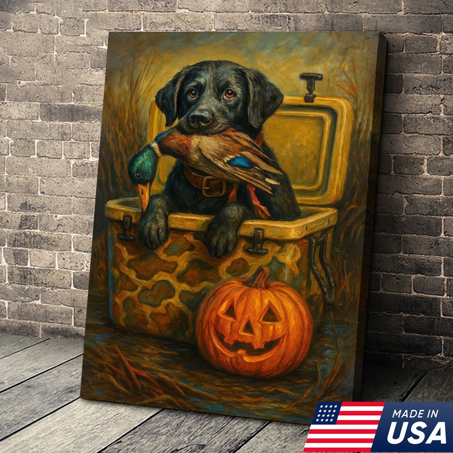 Labrador Retriever Hunting Dog Canvas Wall Art – Black Lab with Duck and Halloween Pumpkin Decor