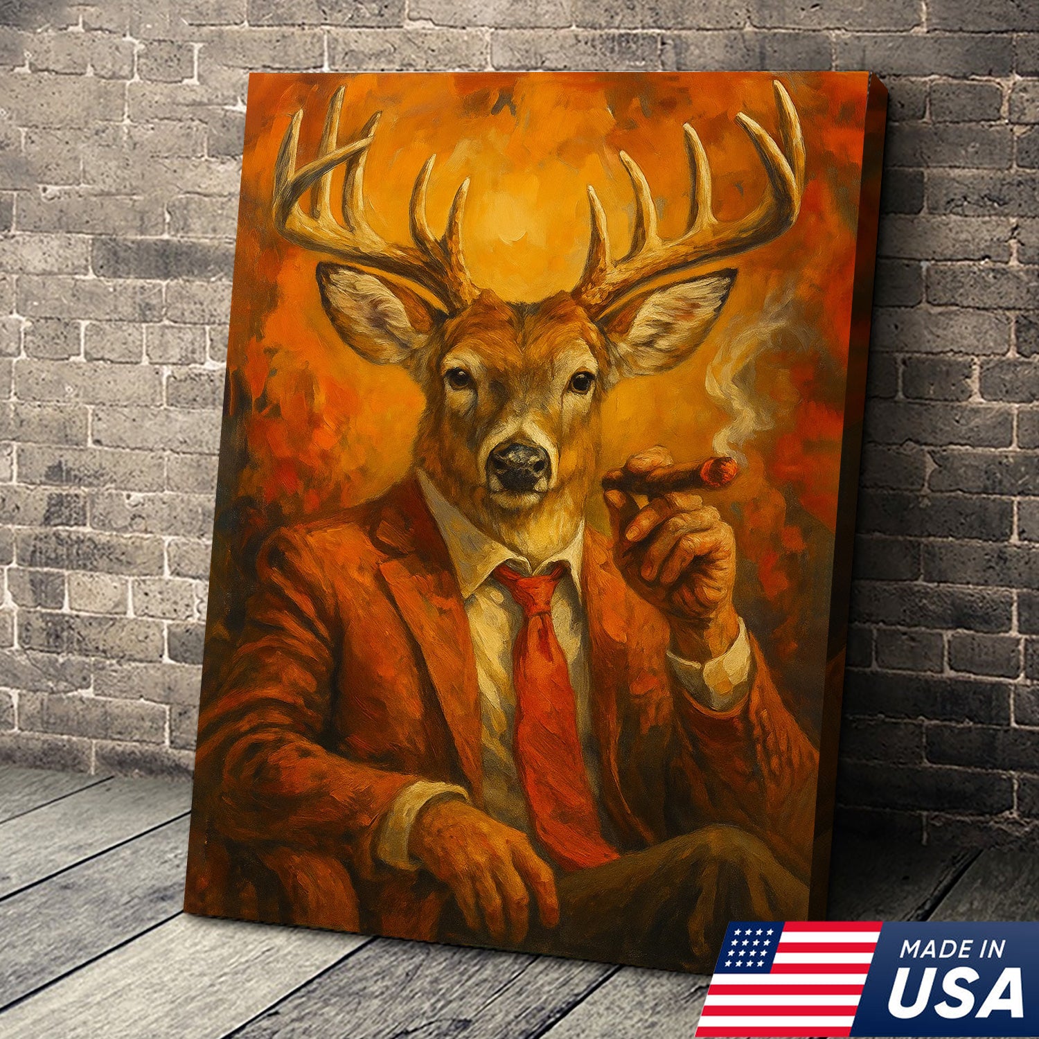 Deer Smoking Canvas, Buck Wall Art Print in Suit for Man Cave, Rustic Hunting Cabin & Smoking Lounge