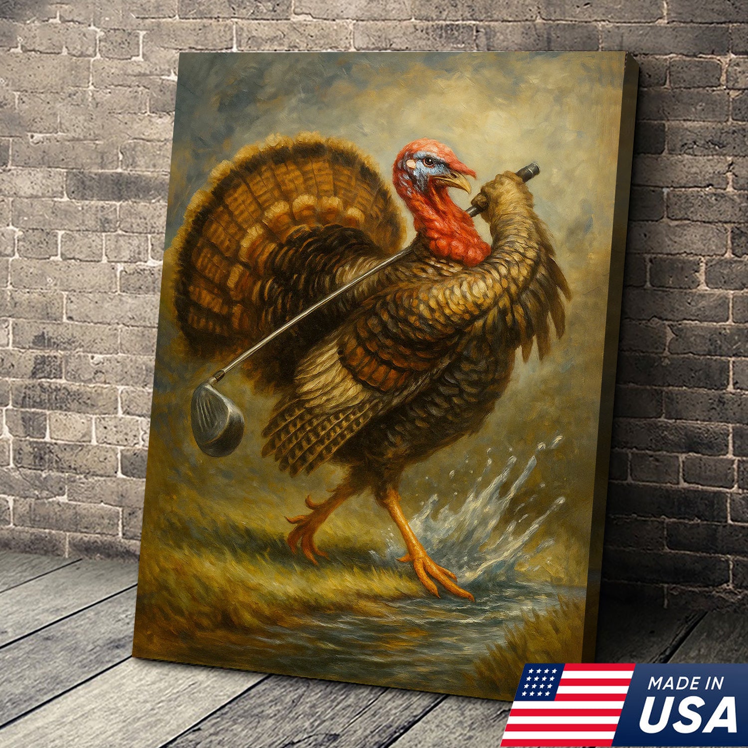 Funny Turkey Playing Golf Canvas Wall Art – Rustic Cabin Lodge Decor, Man Cave & Golfer Gift