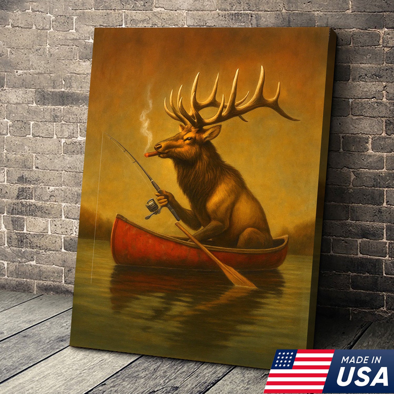 Funny Elk Fishing Canvas Wall Art – Rustic Cabin Decor for Hunters & Fishermen