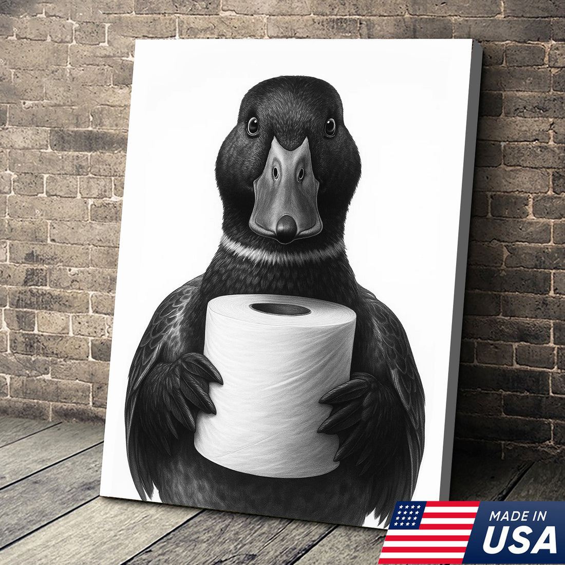 Mallard Duck Canvas Wall Art, Funny Animal Portrait Holding Toilet Paper, Black and White Bathroom Decor Print