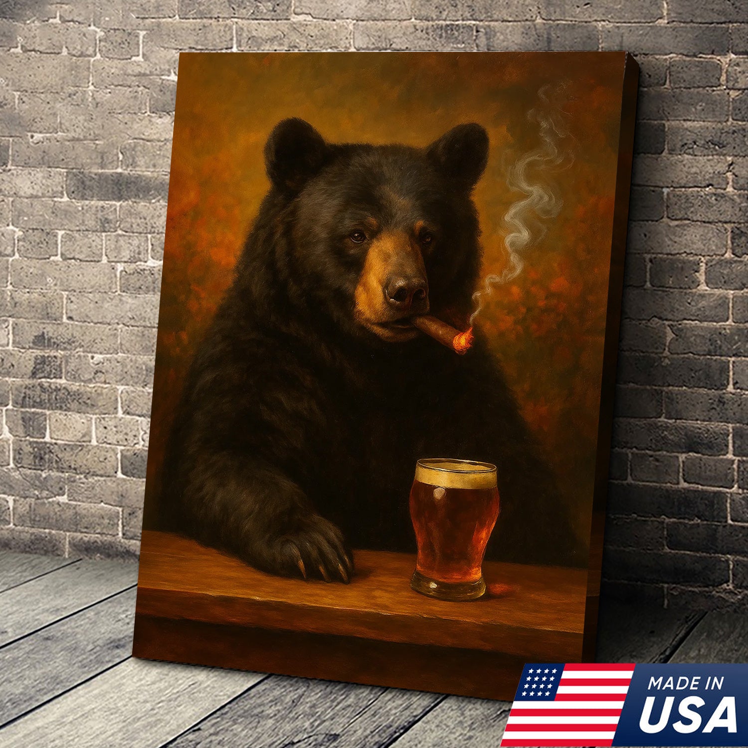 Funny Bear Drinking Cocktail Glasses & Smoking Canvas Wall Art - Rustic Bar & Hunting Lodge Decor