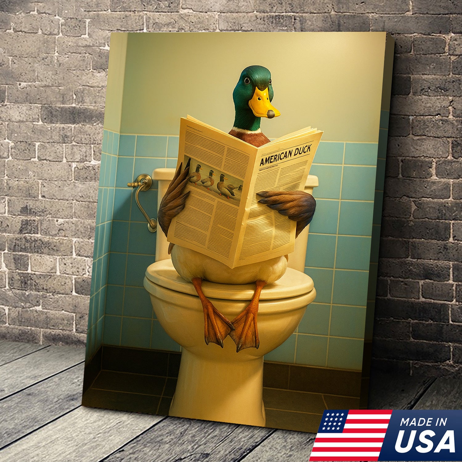 Funny Duck Bathroom Wall Art Canvas – Mallard Reading Newspaper Canvas Decor