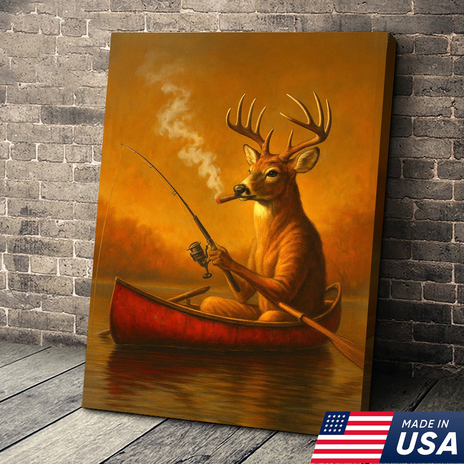 Rustic White Tailed Deer Fishing Canvas, Funny Hunting Wall Art for Fisherman & Hunter Gift Decor