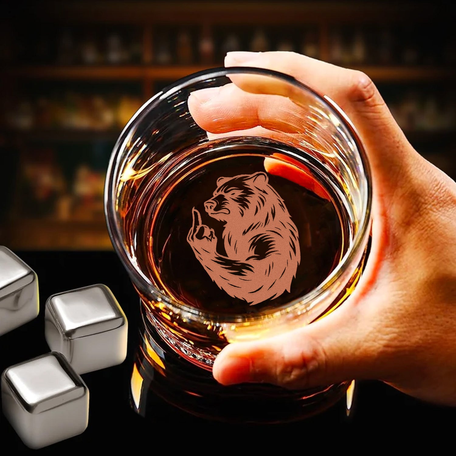 Bear Engraved Whiskey Glass – Funny Middle Finger Whiskey Glass for Men, Unique Barware Gift