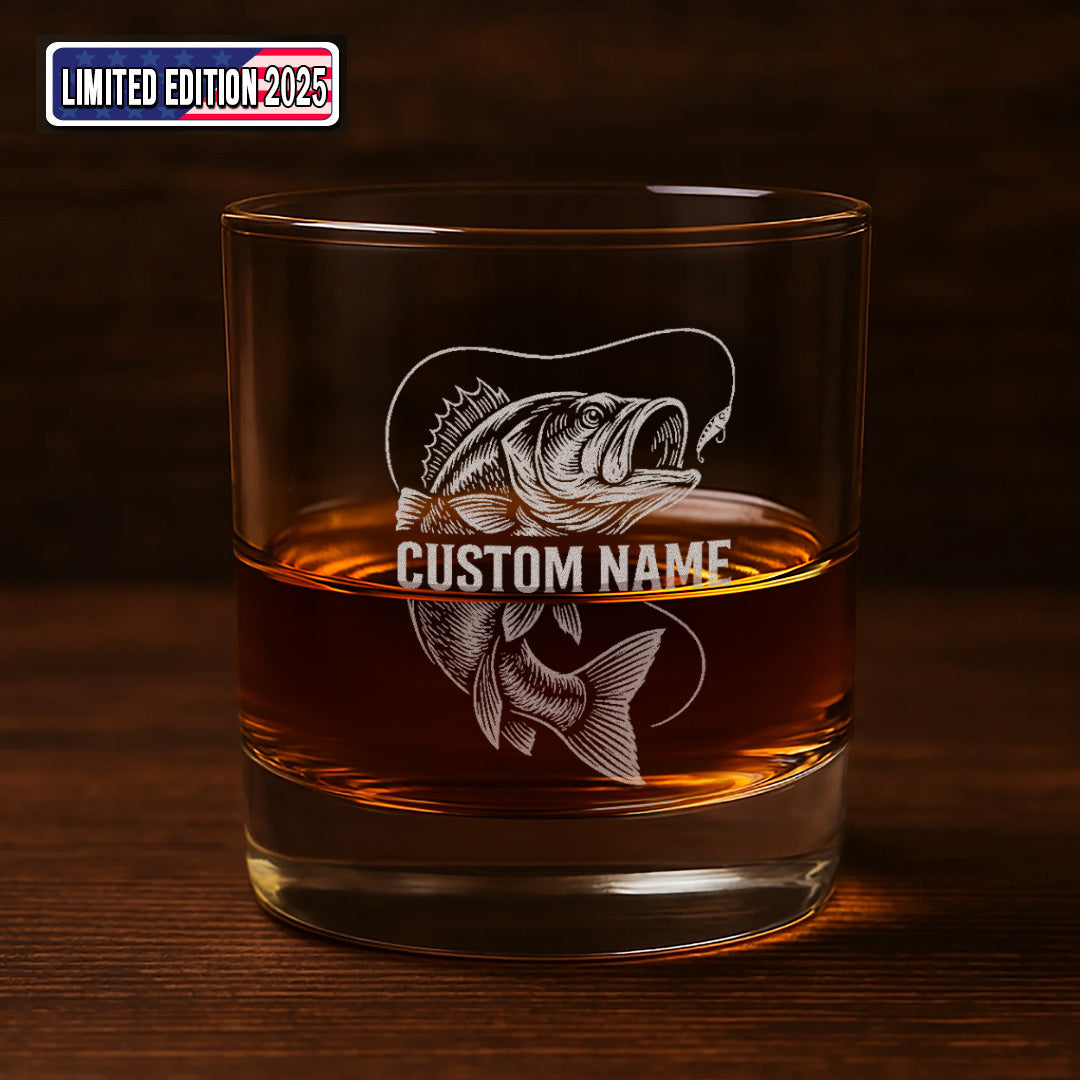 Personalized Whiskey Glass – Bass Fish Engraved Custom Glass, For Fishing Lovers, Man Cave Decor