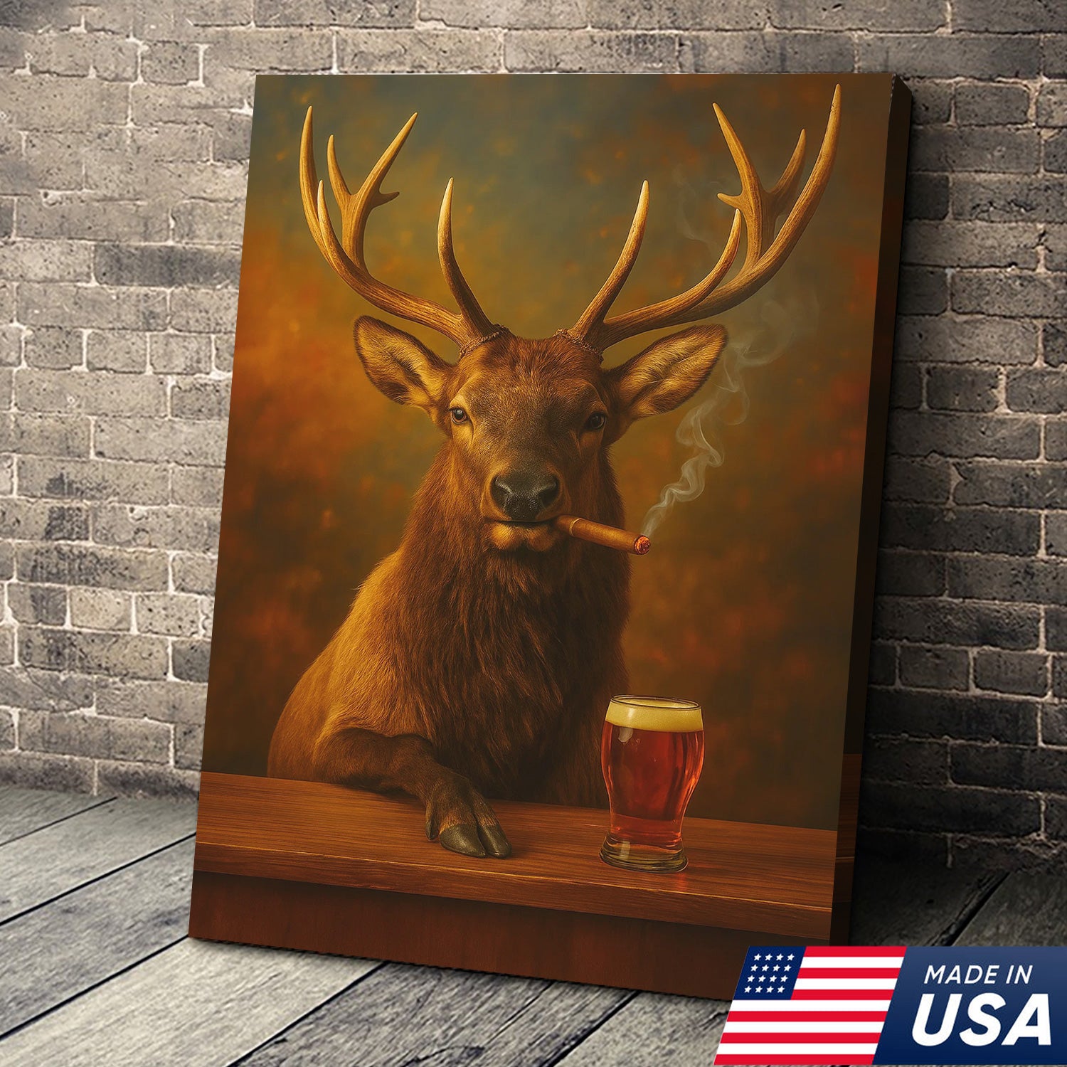 Funny Elk Drinking Cocktail Glasses & Smoking Canvas Wall Art - Rustic Hunting Perfect Gift for Hunters & Cocktail Glasses Lovers