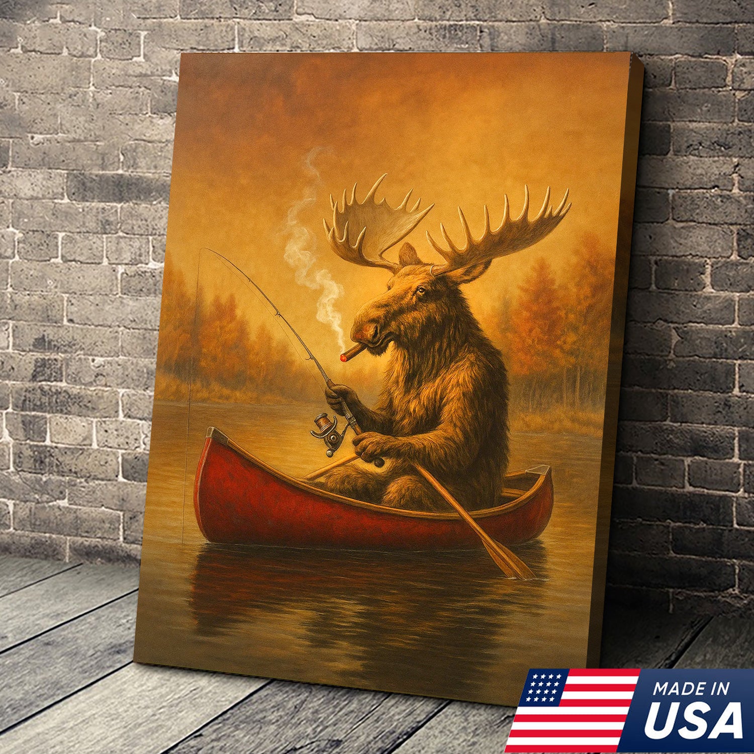 Funny Moose Fishing Canvas Wall Art, Rustic Cabin & Lodge Decor for Hunters & Fishermen