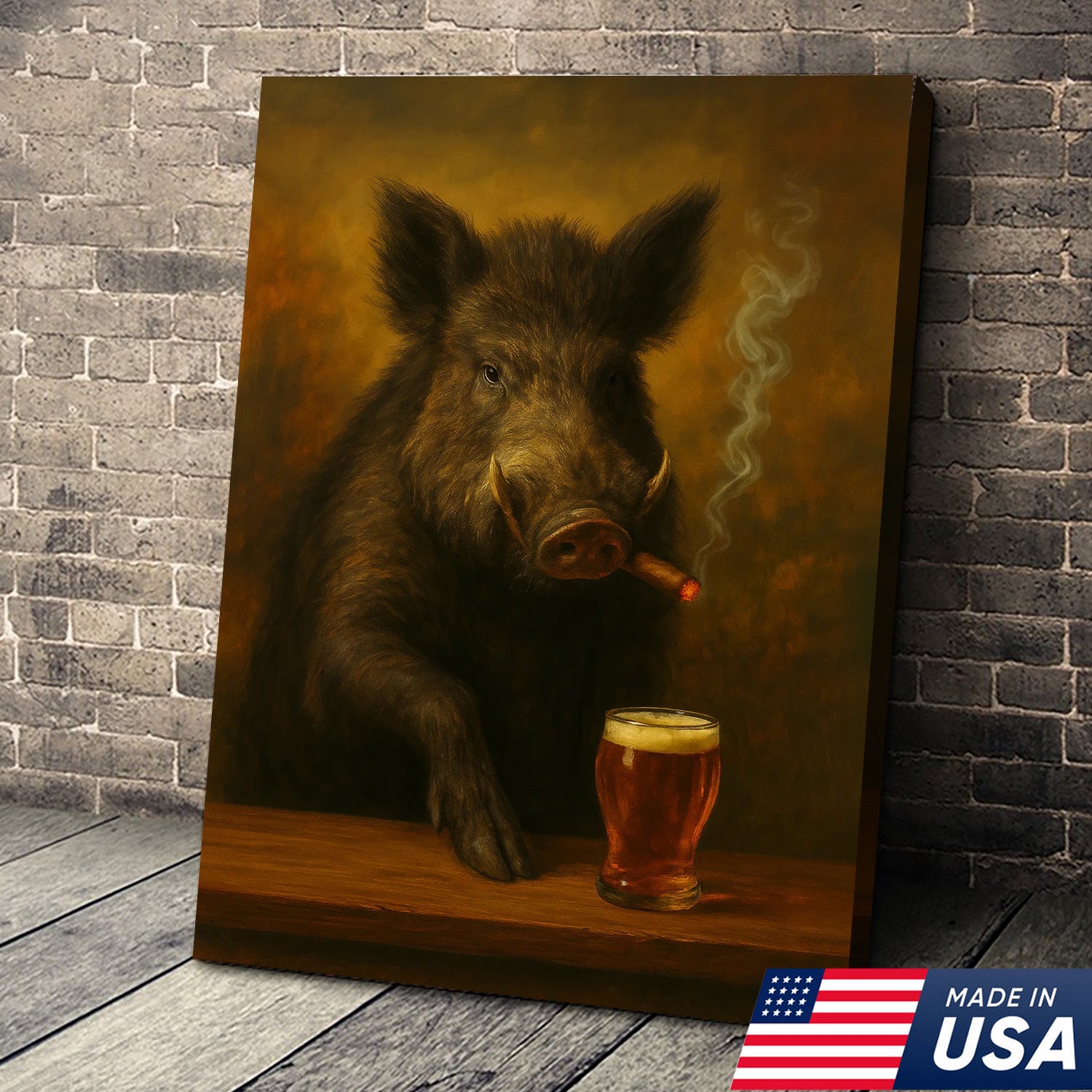 Funny Wild Boar Smoking with Cocktail Glasses Canvas – Rustic Hunting Lodge Wall Art