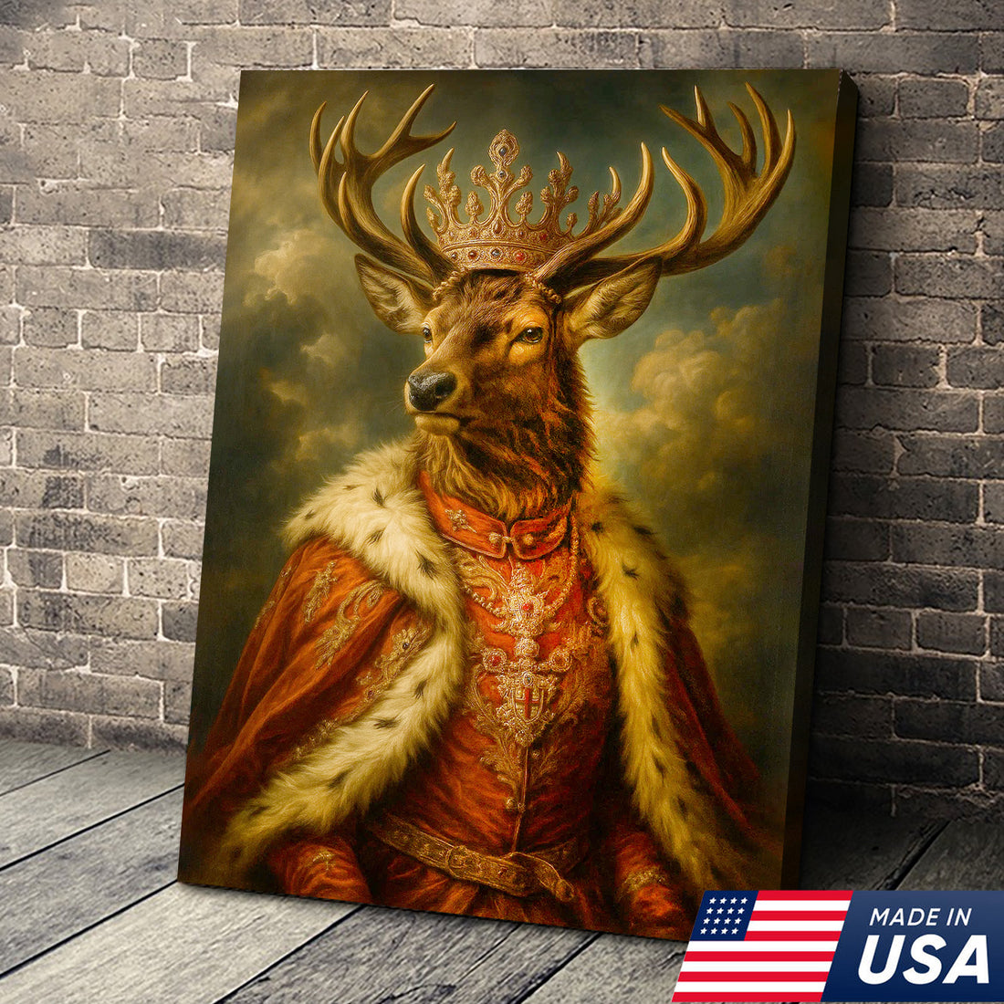 Royal Stag King Canvas Wall Art – Crowned Deer Portrait, Vintage Baroque Animal Print, Rustic Cabin Decor