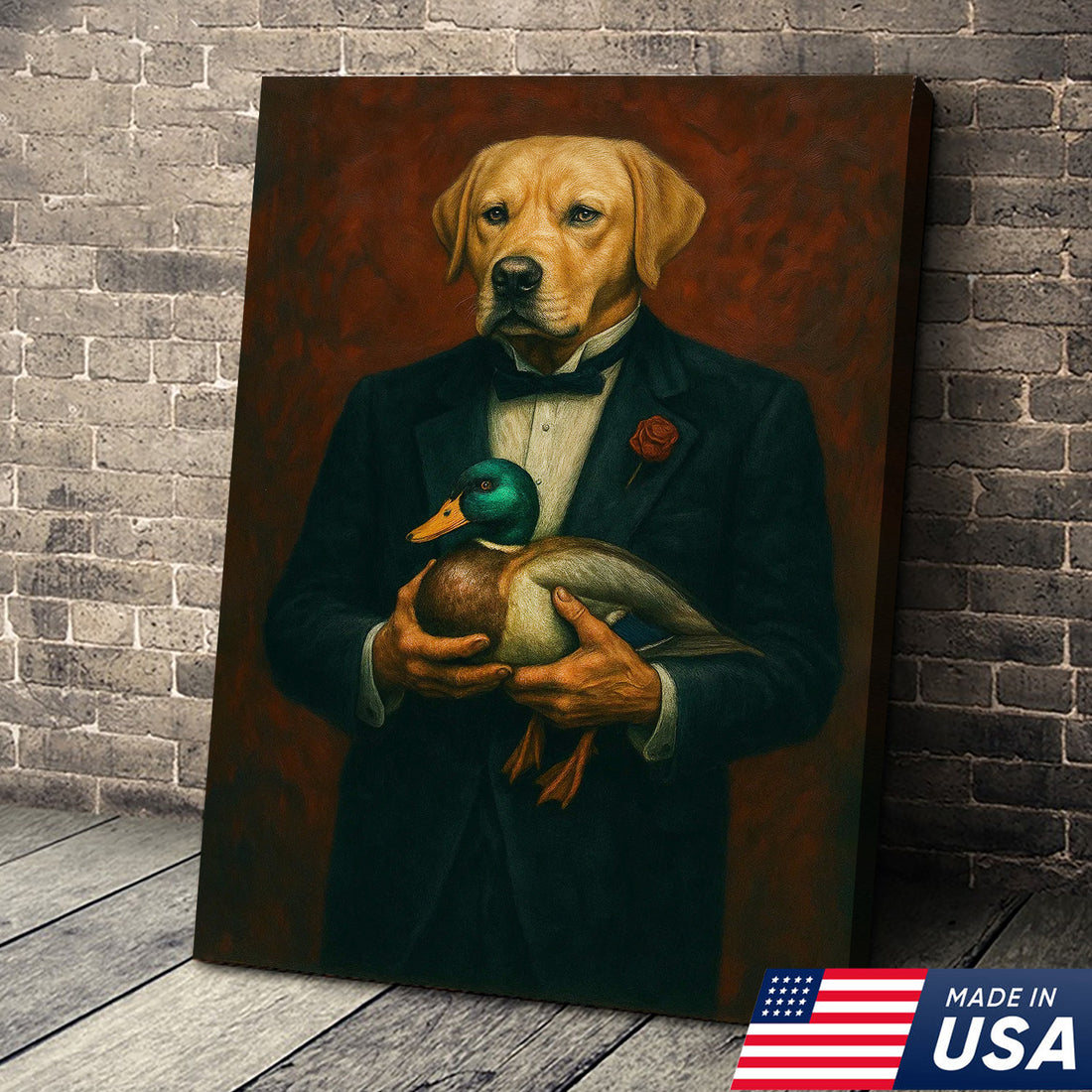 Yellow Labrador Retriever Canvas Wall Art – Distinguished Dog in Tuxedo Holding Mallard Duck – Elegant Hunting Dog Portrait Decor