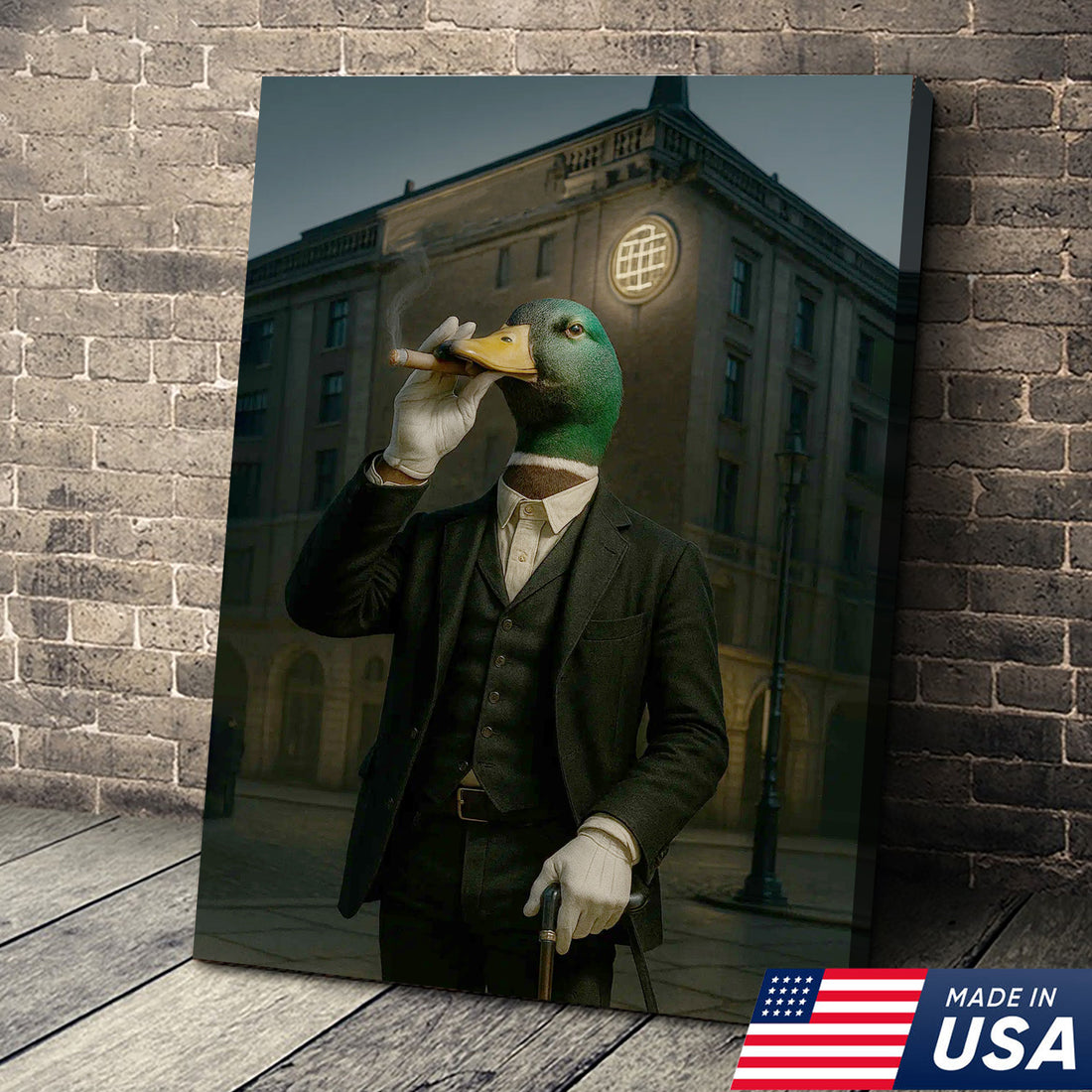 Mallard Gentleman Canvas – Duck in Suit Portrait, Vintage Noir Animal Wall Art for Office & Cabin