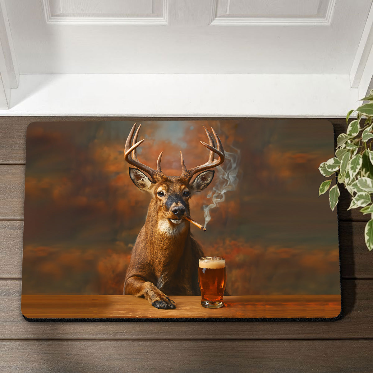 Deer Smoking & Bar Glassware Doormat – Funny Hunting Cabin Rug, Man Cave & Outdoor Decor Gift