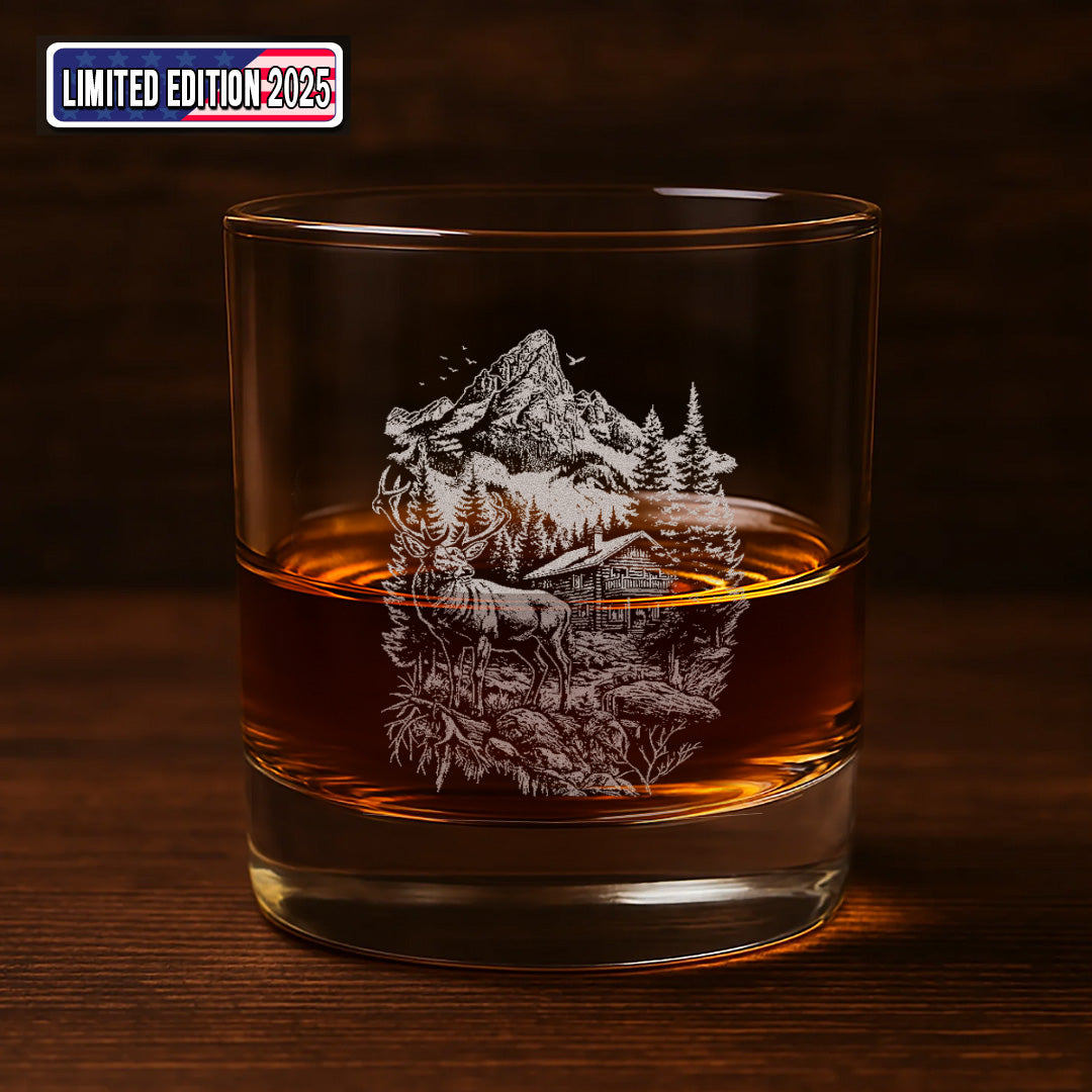 Deer Forest Whiskey Glass – Custom Engraved Mountain Cabin Hunting Gift for Outdoorsmen 2025 Limited Edition