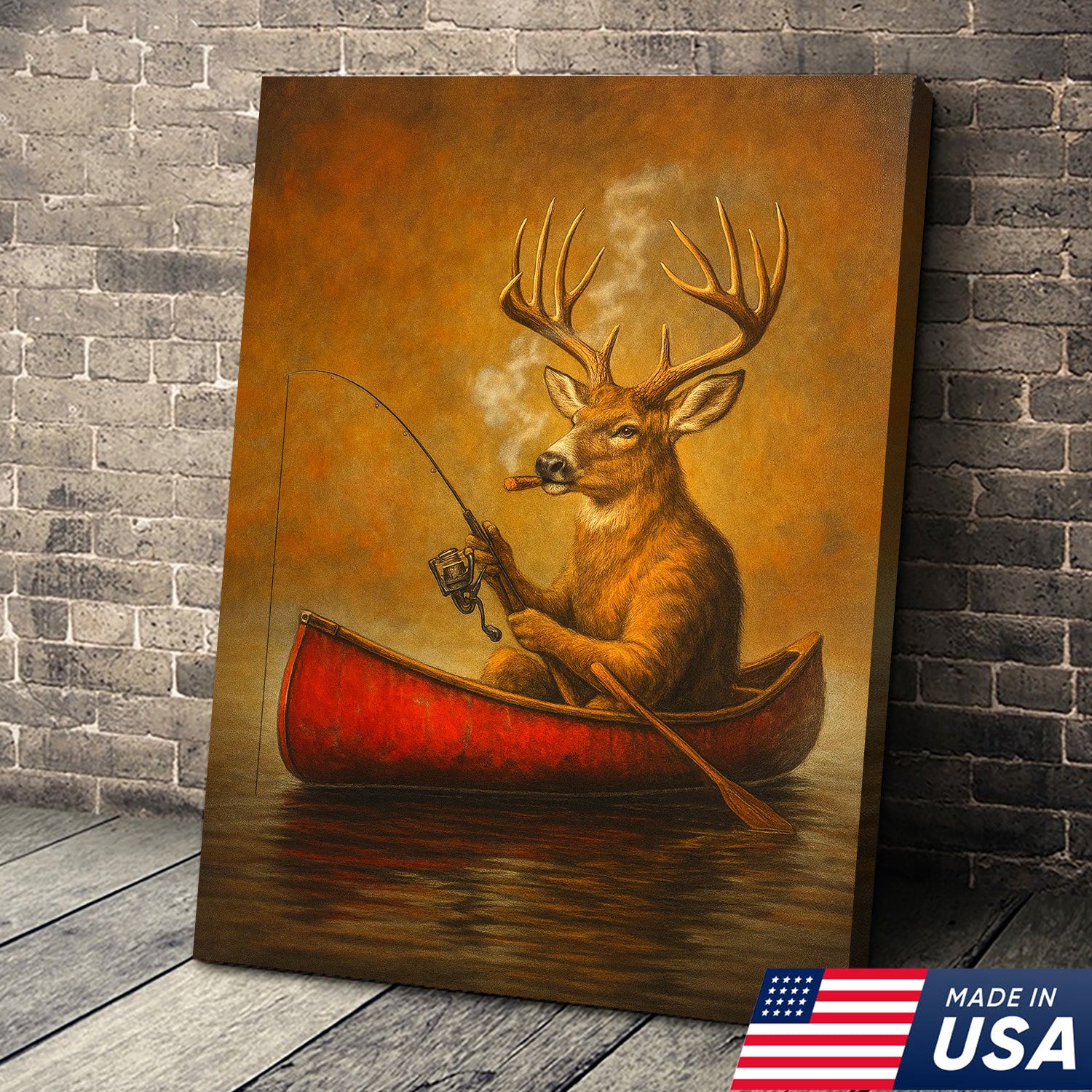 Funny Mule Deer Fishing Canvas Wall Art, Rustic Cabin & Lodge Decor for Hunters & Fishermen