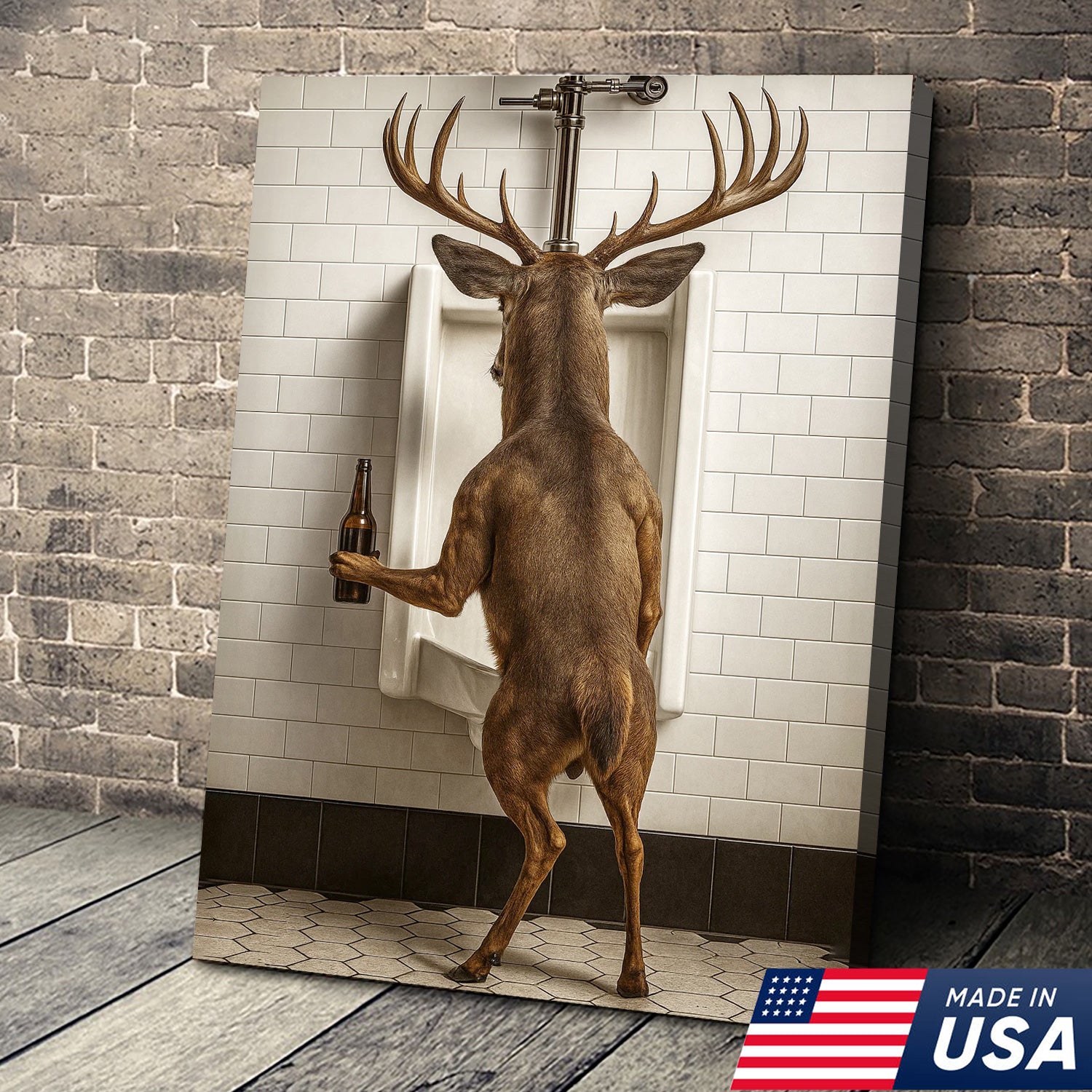 Deer Holding Beer and Standing at the Urinal Canvas – Hilarious Bathroom Wall Art for Rustic Cabin & Man Cave