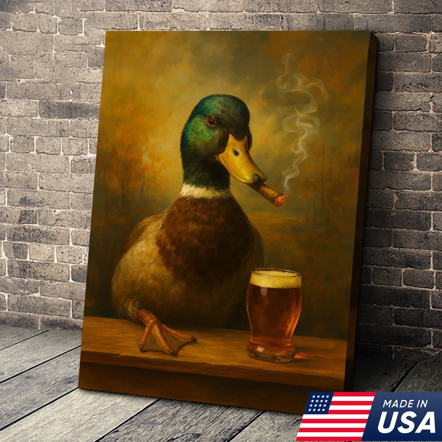 Funny Mallard Duck Smoking & Drinking Cocktail Glasses Canvas Wall Art - Rustic Hunting Perfect Gift for Hunters & Cocktail Glasses Lovers