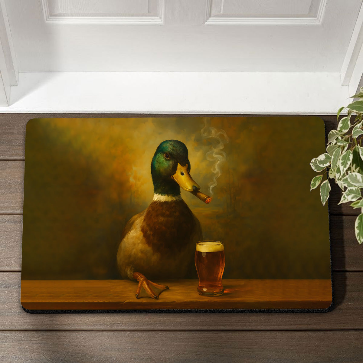 Funny Duck Barware Doormat – Hunting Lodge Rug with Drinking Glasses & Smoking-related Decor, Outdoor Cabin Decor Gift