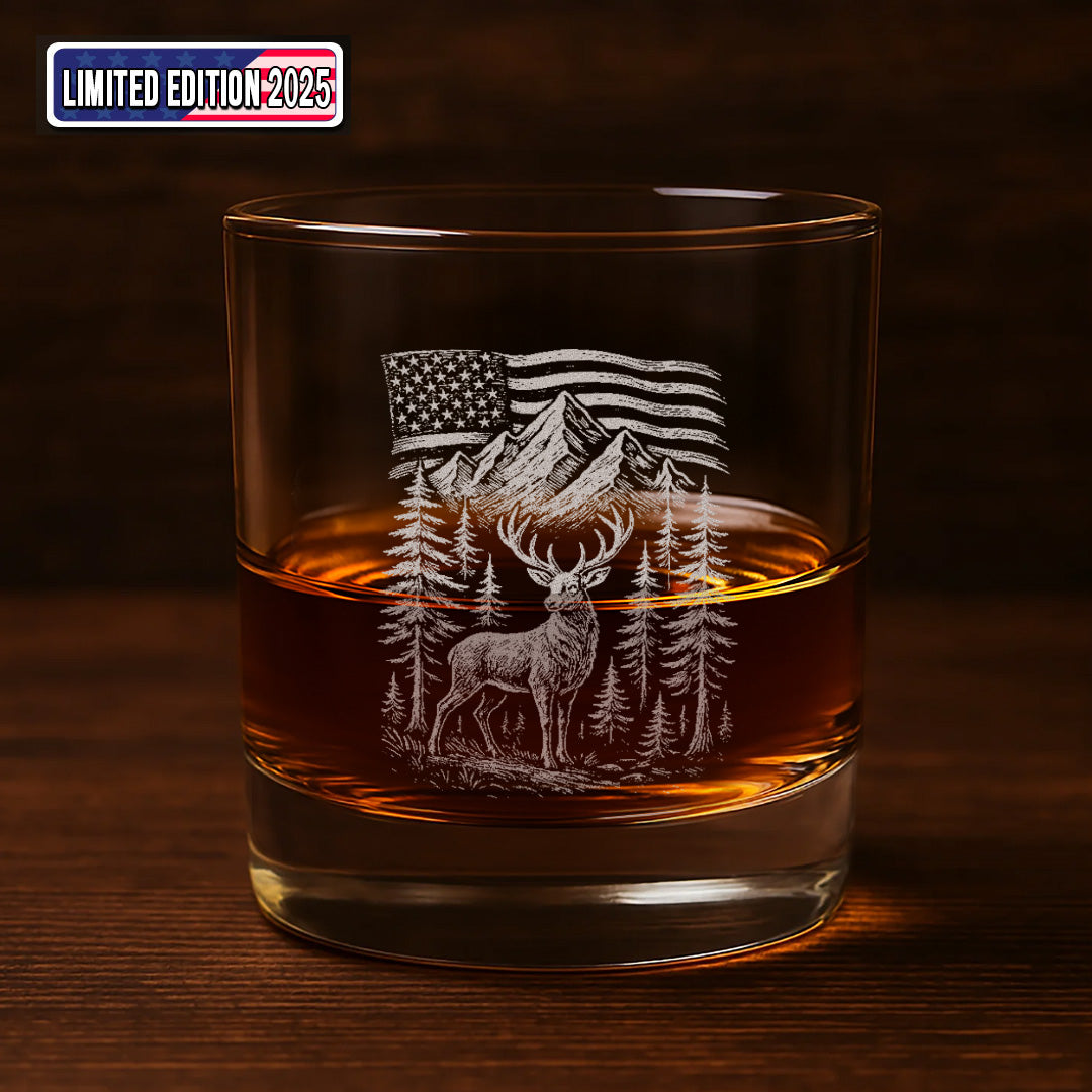Patriotic Deer Whiskey Glass – Custom Engraved American Flag Hunting Gift for Outdoorsmen 2025 Limited Edition