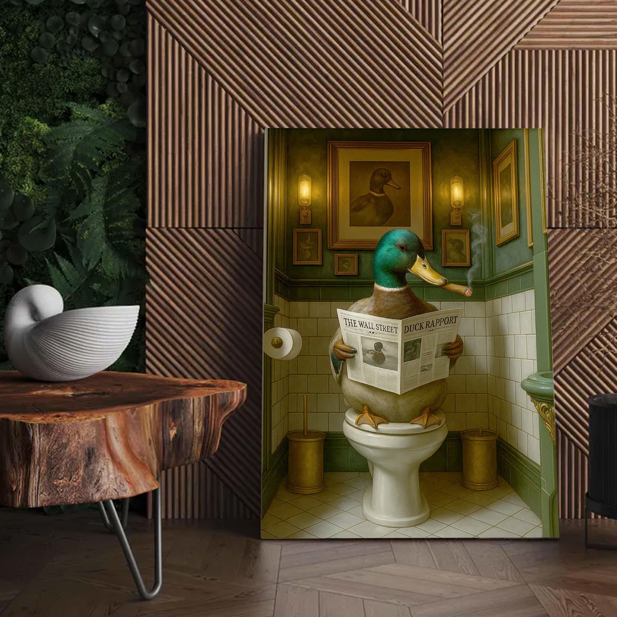Duck Reading News Bathroom Wall Art – Rustic Decor for Men, Hunting Cabin Poster Hunters