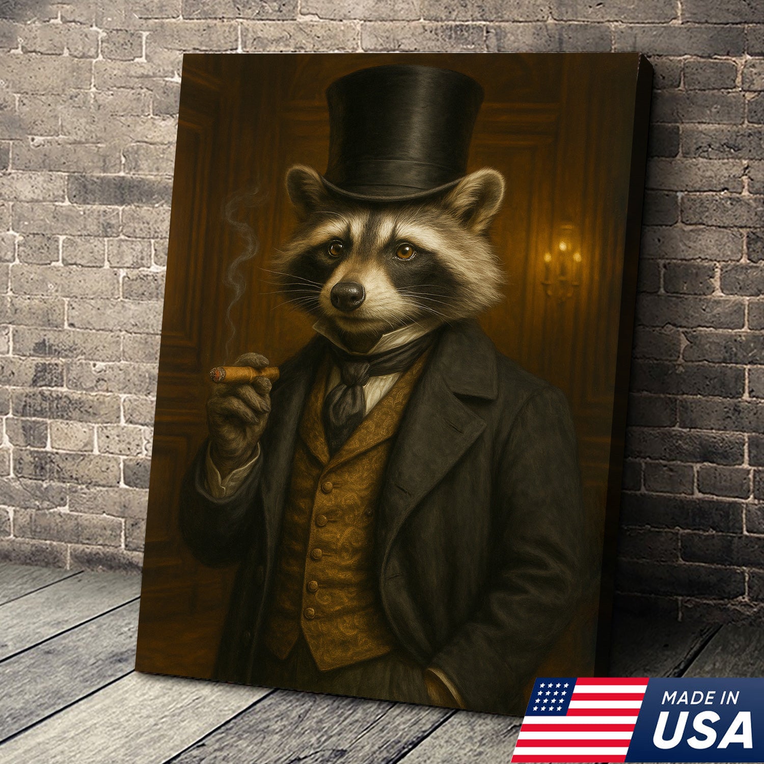 Victorian Gentleman Raccoon Canvas – Whimsical Animal Portrait for Quirky Home Decor & Man Cave