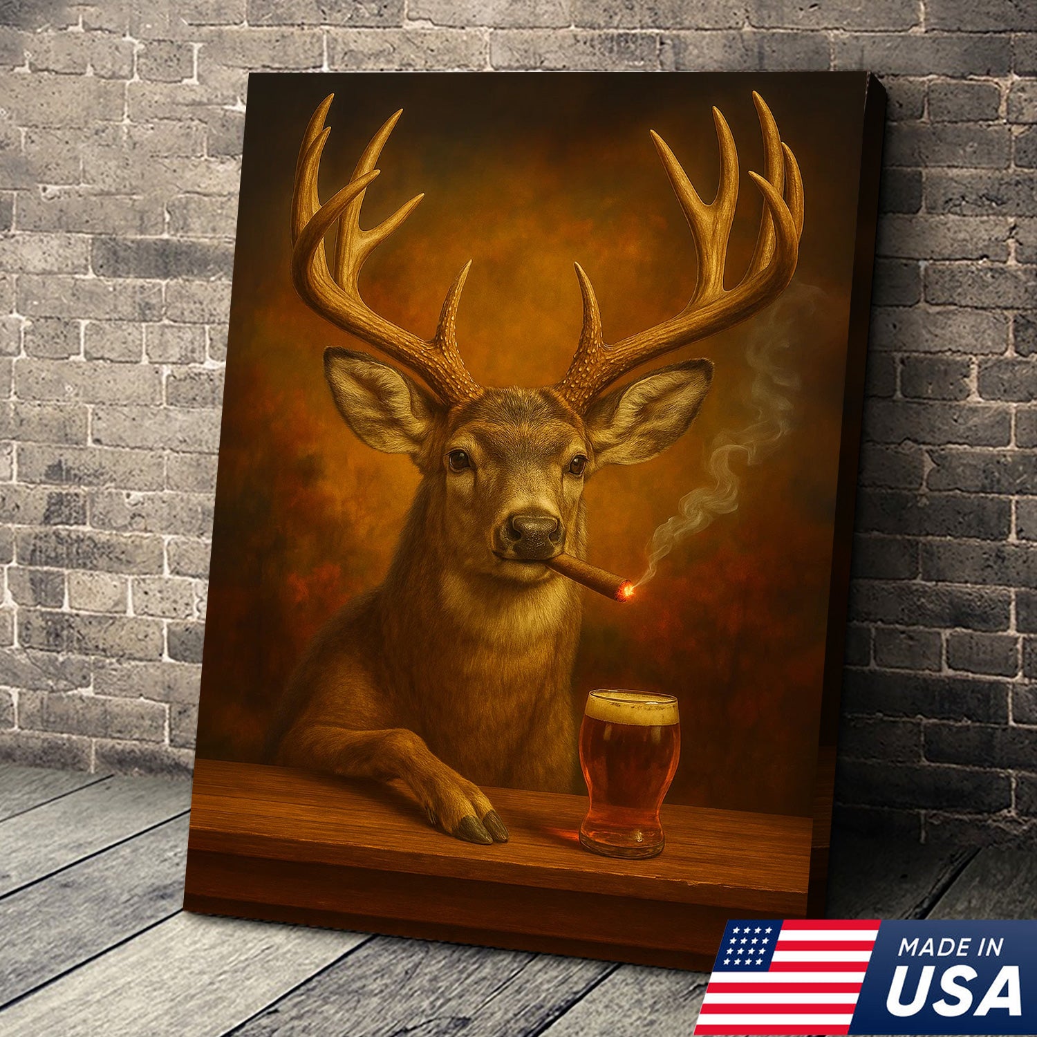 Muke Deer With Smoking & Cocktail Glasses Canvas – Funny Hunting Lodge Wall Art Perfect Gift for Hunters & Cocktail Glasses Lovers