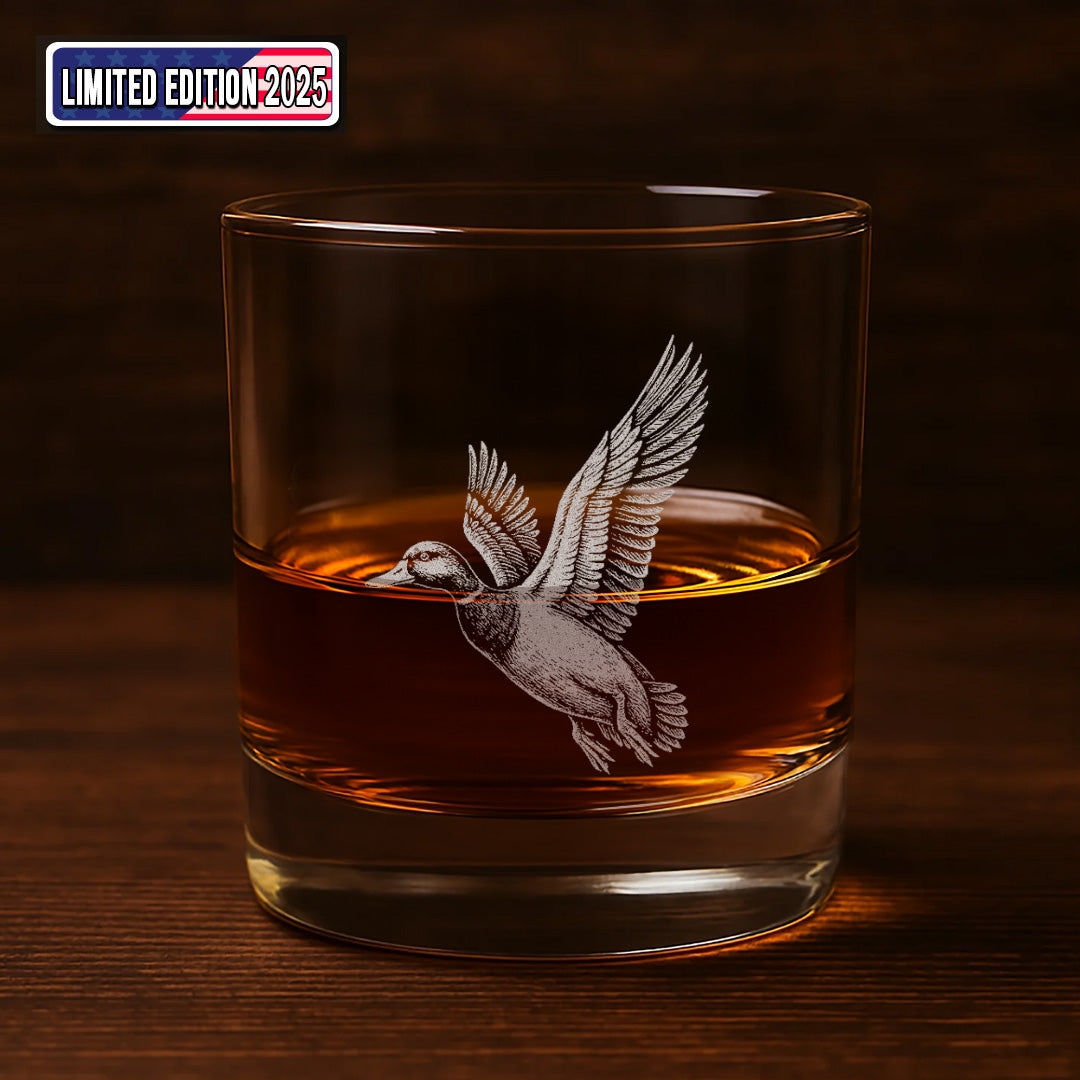 Duck Hunting Whiskey Glass – Custom Engraved Flying Duck Whiskey Glass Gift for Waterfowl Hunters 2025 Limited Edition