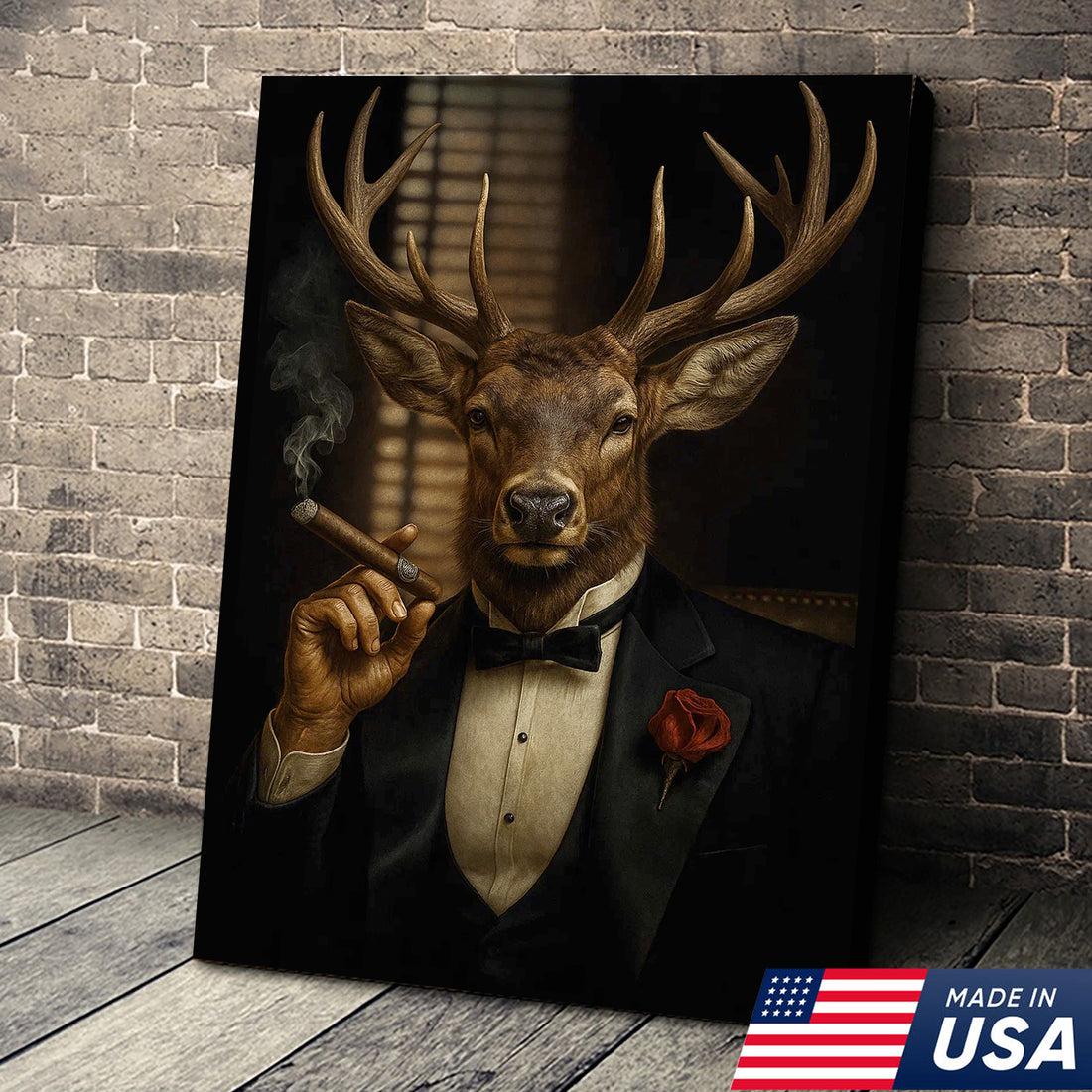 Deer in Tuxedo Canvas Wall Art – Elegant Deer Portrait, Vintage Noir Animal Print, Rustic Cabin & Office Decor