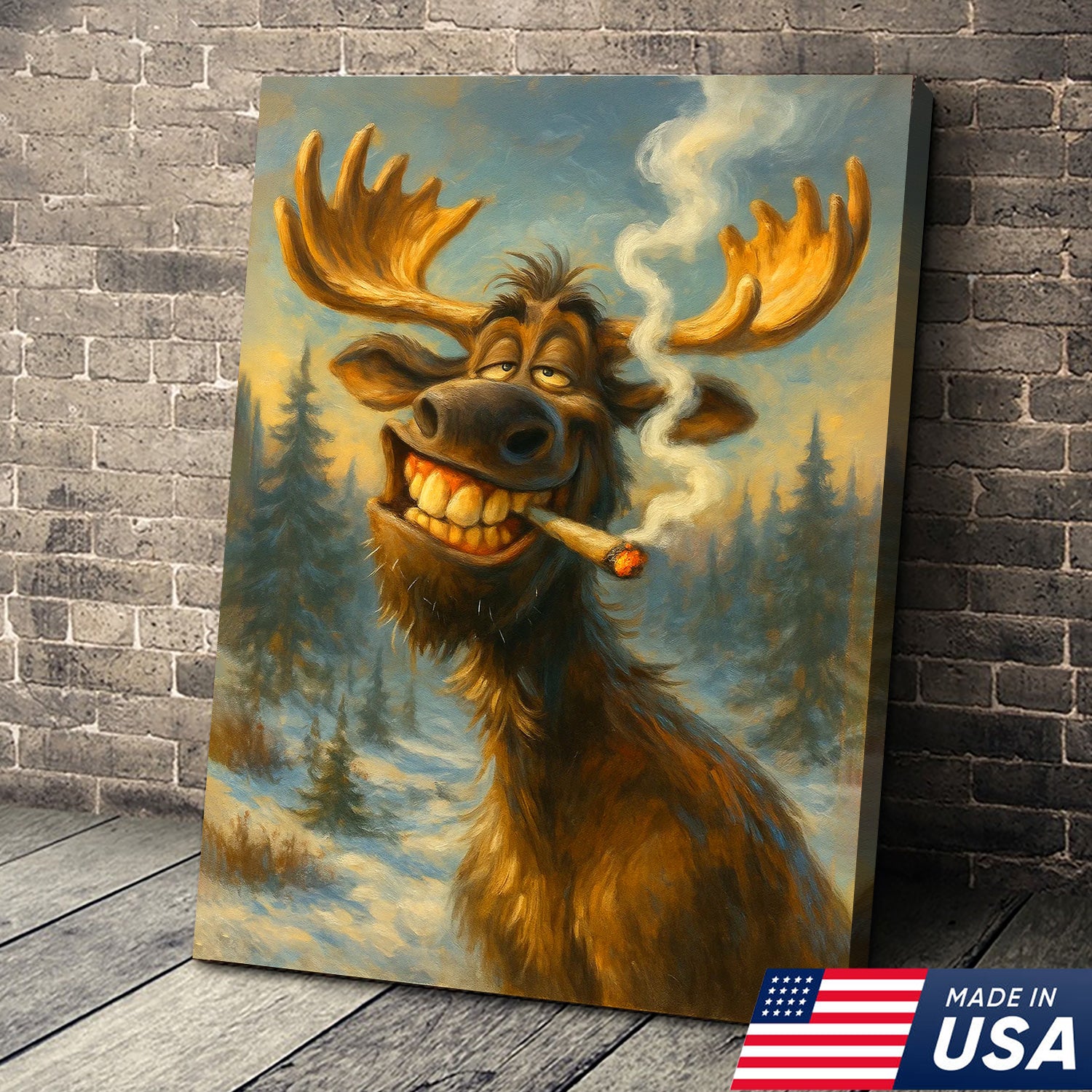Funny Moose Smoking Canvas Wall Art – Rustic Cabin Lodge Decor