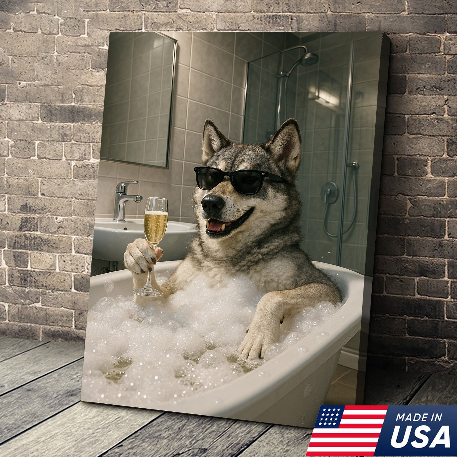 Funny Wolf Canvas Wall Art – Quirky Animal Portrait Relaxing in Bathtub for Bathroom, Rustic Cabin & Home Decor