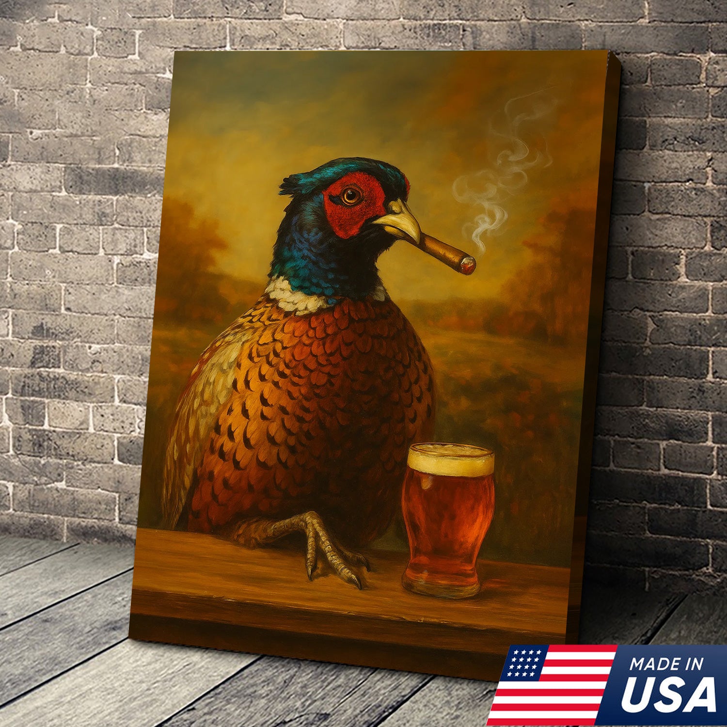 Pheasant With Smoking & Cocktail Glasses Canvas – Hunting Lodge Decor Perfect Gift for Hunters & Cocktail Glasses Lovers